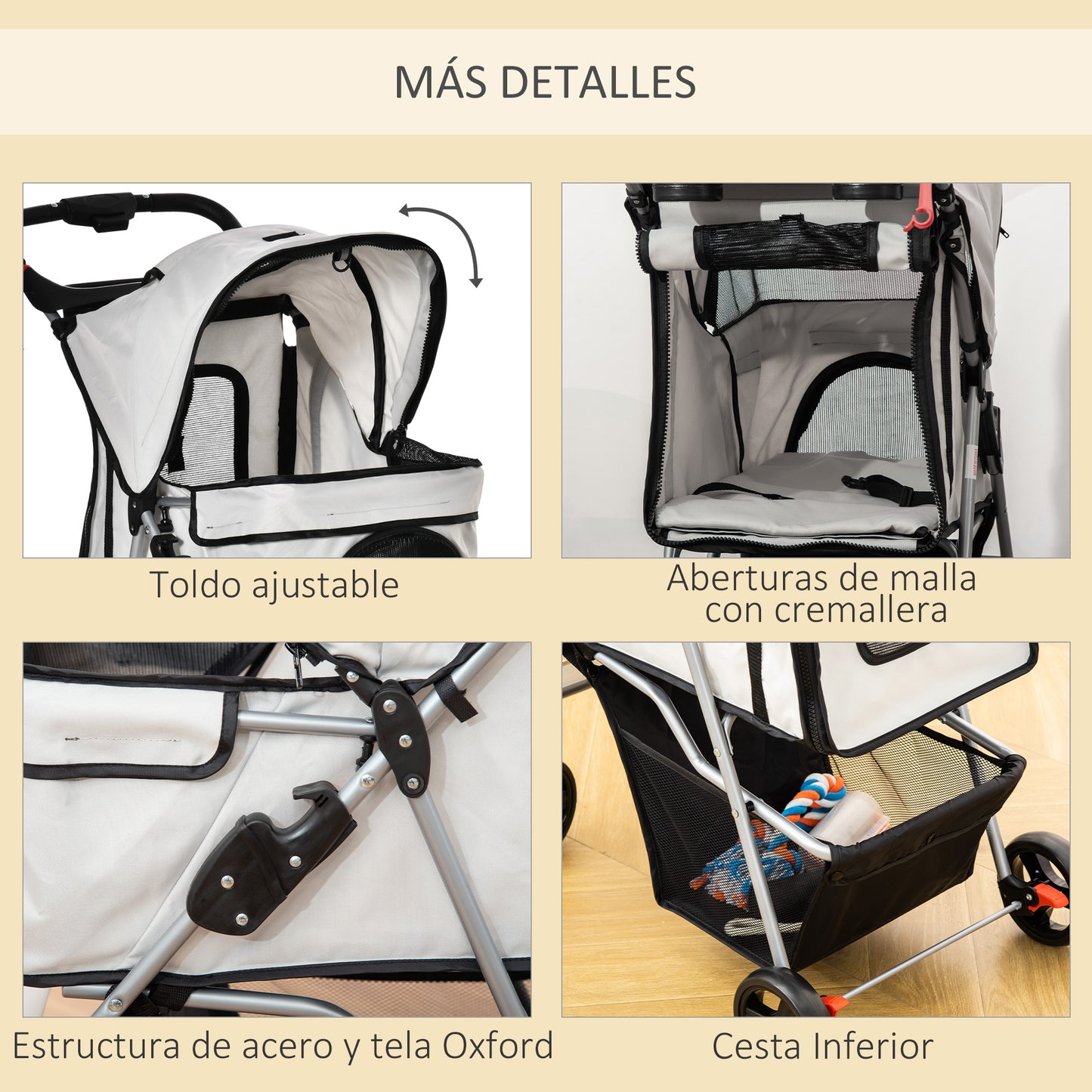 PawHut Carrito para Perros Plegable Cochecito para Mascotas Carrito para Perros Pequeños con Toldo Ajustable Cesta de Almacenaje 2 Ruedas Universales y Marco de Acero 75x46x94 cm Gris