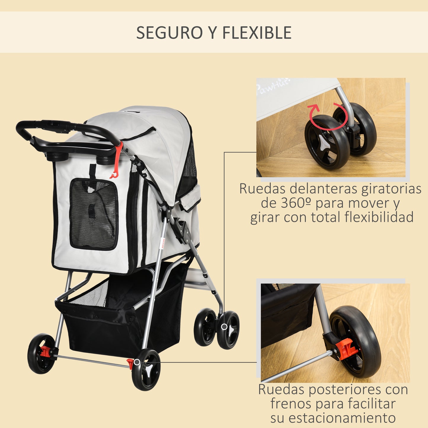 PawHut Carrito para Perros Plegable Cochecito para Mascotas Carrito para Perros Pequeños con Toldo Ajustable Cesta de Almacenaje 2 Ruedas Universales y Marco de Acero 75x46x94 cm Gris