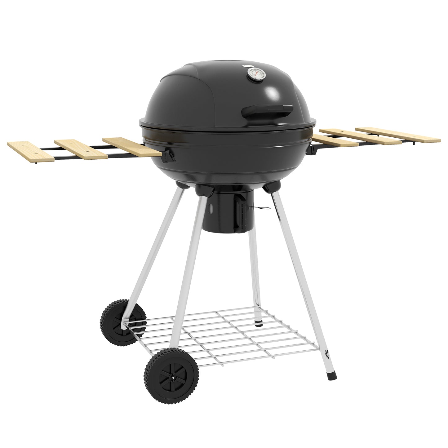 Outsunny Barbacoa de Carbón Barbacoa Portátil con 2 Ruedas Estantes Plegables Termómetro y Parrilla Metálica para Pícnic Camping 117x68x91 cm Negro