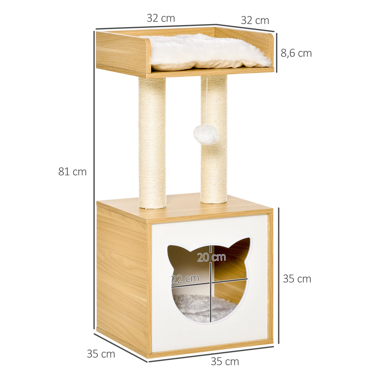 PawHut Árbol para Gatos de 2 Niveles con Cueva Cama Superior Postes Rascadores de Sisal Natural Cojines Lavables y Bola de Juguete 35x35x81 cm Roble y Blanco