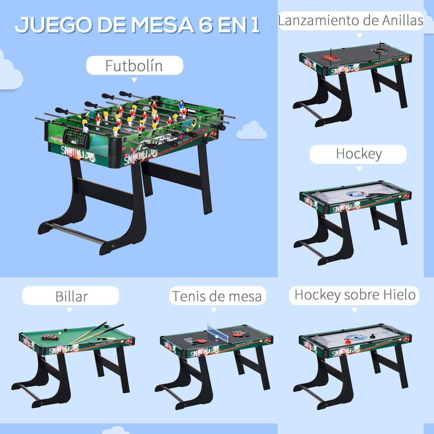 HOMCOM 6 en 1 Mesa Multijuegos Plegable para Niños de 7+ Años Mesa de Juegos Billar Futbolín Ping Pong Aro de Lanzamiento Hockey sobre Hielo Aire Hockey 118x104x71 cm Multicolor