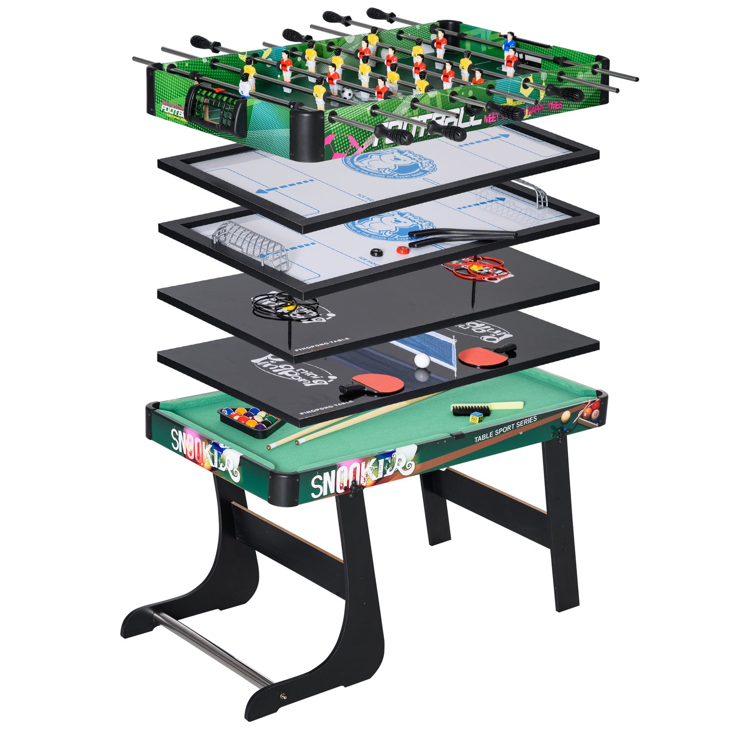 HOMCOM 6 en 1 Mesa Multijuegos Plegable para Niños de 7+ Años Mesa de Juegos Billar Futbolín Ping Pong Aro de Lanzamiento Hockey sobre Hielo Aire Hockey 118x104x71 cm Multicolor