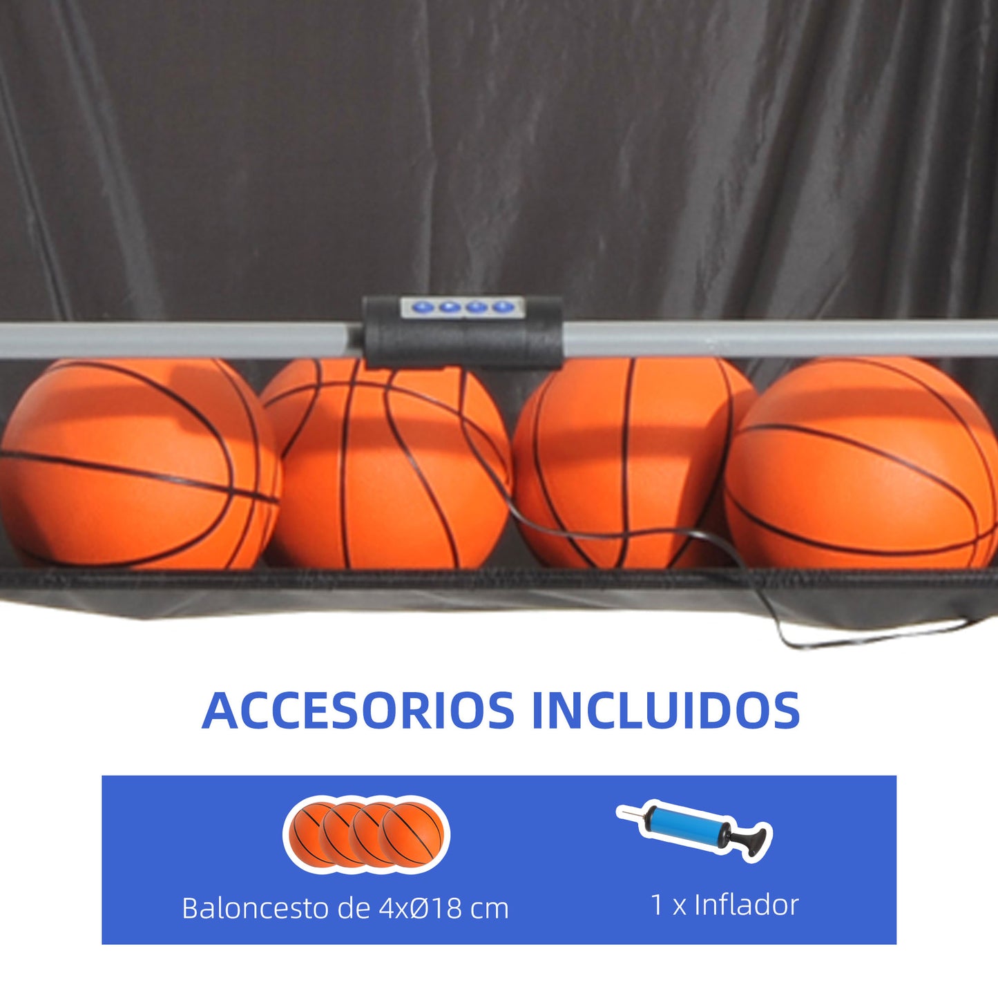 HOMCOM Juego de Canastas de Baloncesto Plegables y Portátiles con Contador Electrónico Doble y 4 Pelotas de Baloncesto con Soporte de Acero y Color Negro y Blanco 205x110x205cm (PxANxAL)