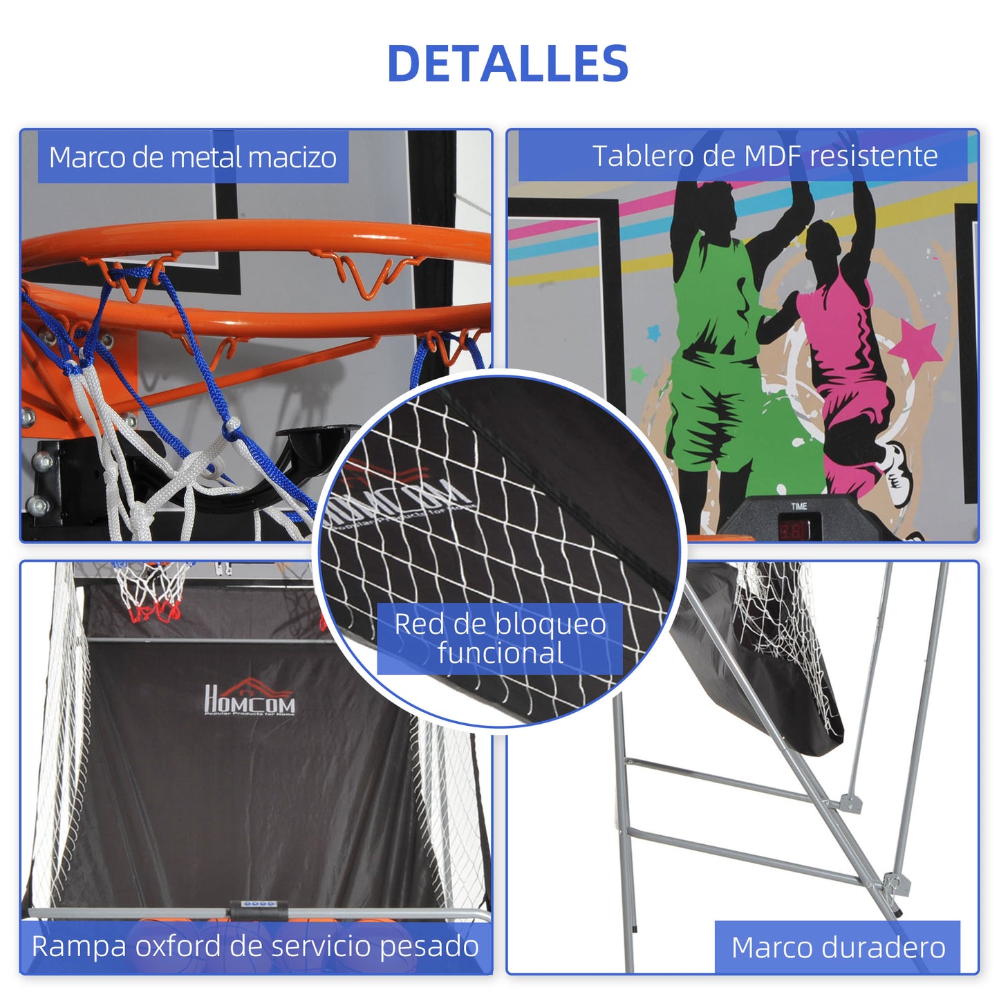 HOMCOM Juego de Canastas de Baloncesto Plegables y Portátiles con Contador Electrónico Doble y 4 Pelotas de Baloncesto con Soporte de Acero y Color Negro y Blanco 205x110x205cm (PxANxAL)