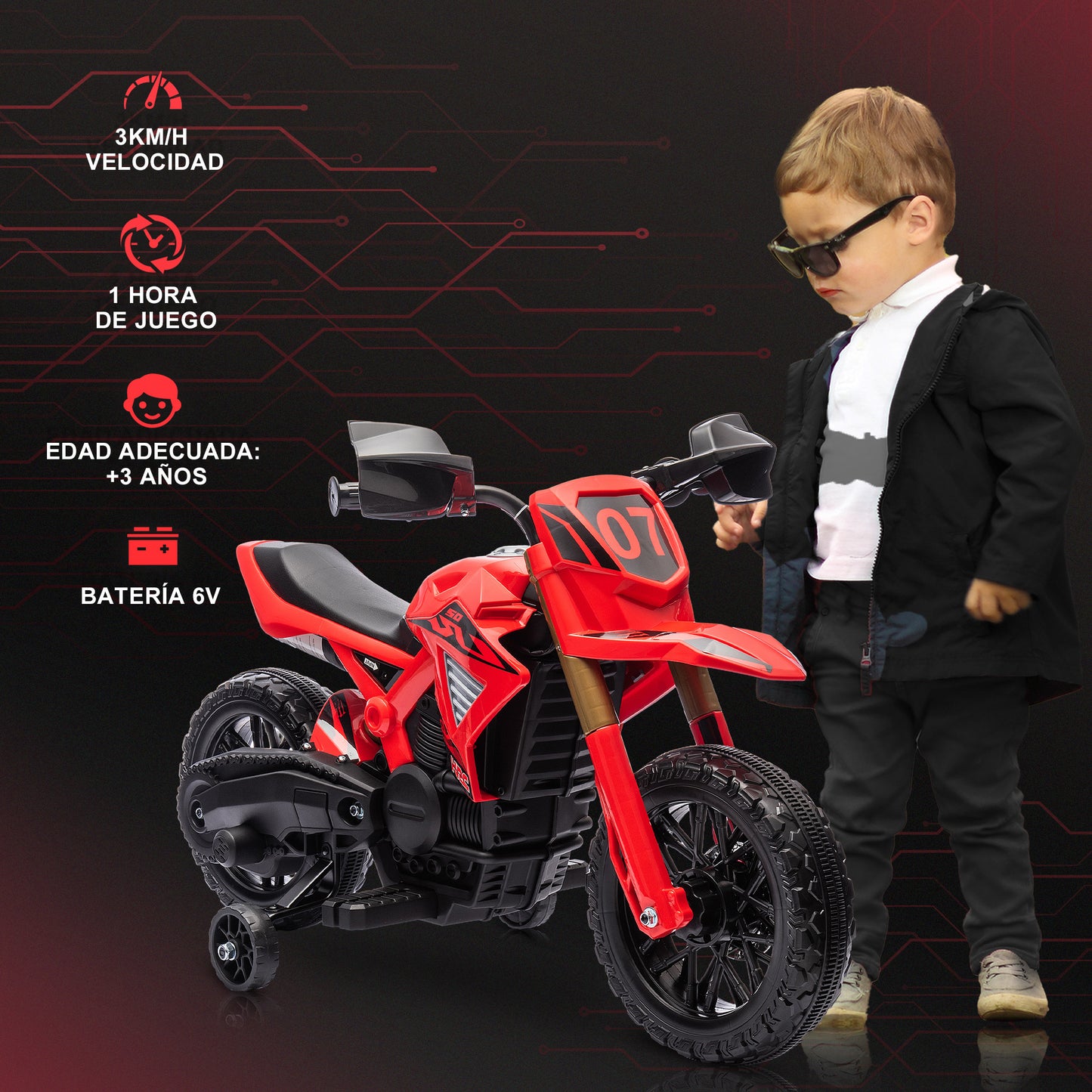 AIYAPLAY Moto Eléctrica para Niños de +3 Años Moto de Batería para Niños 6V con Ruedas de Entrenamiento y Bocina Moto para Niños Carga 30 kg Rojo