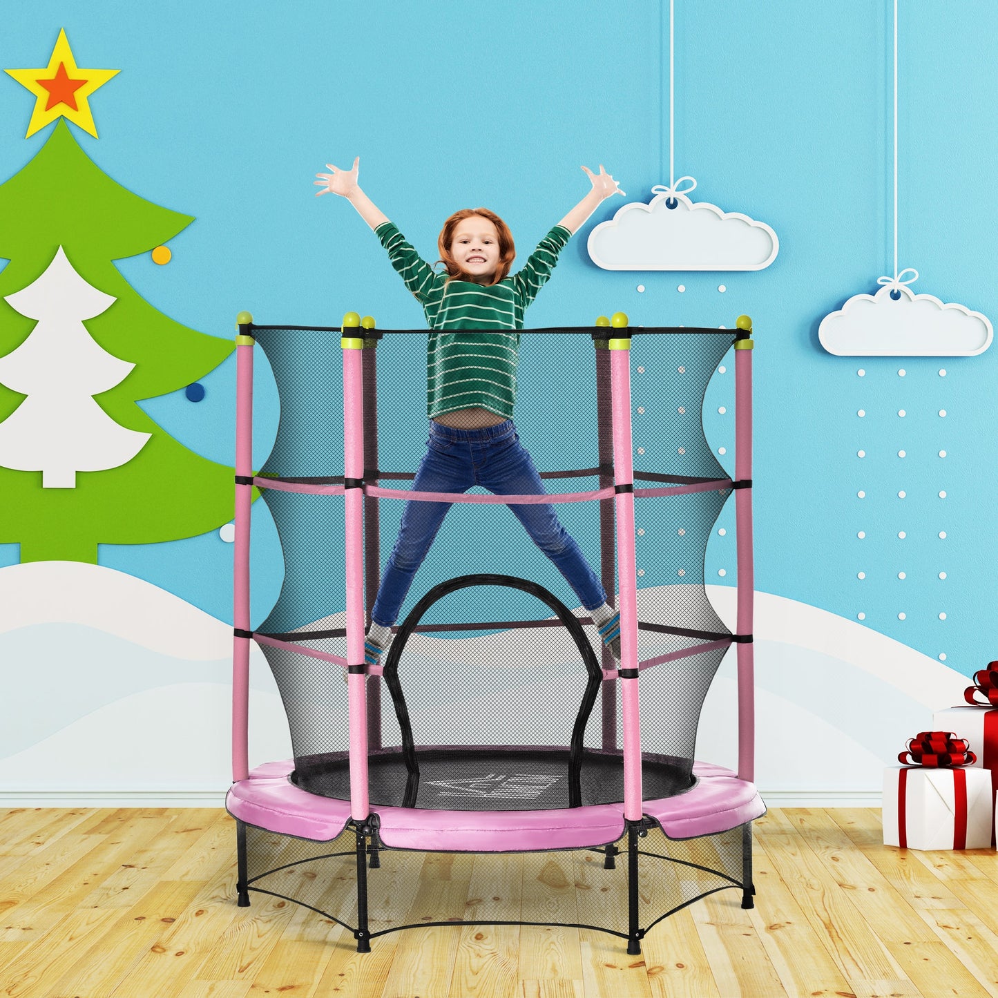 HOMCOM Trampolín para Niños de +3 Años Ø140x160 cm Cama Elástica de Salto Infantil con Red de Seguridad y Marco Acero para Interiores y Exteriores Carga 45 kg Rosa