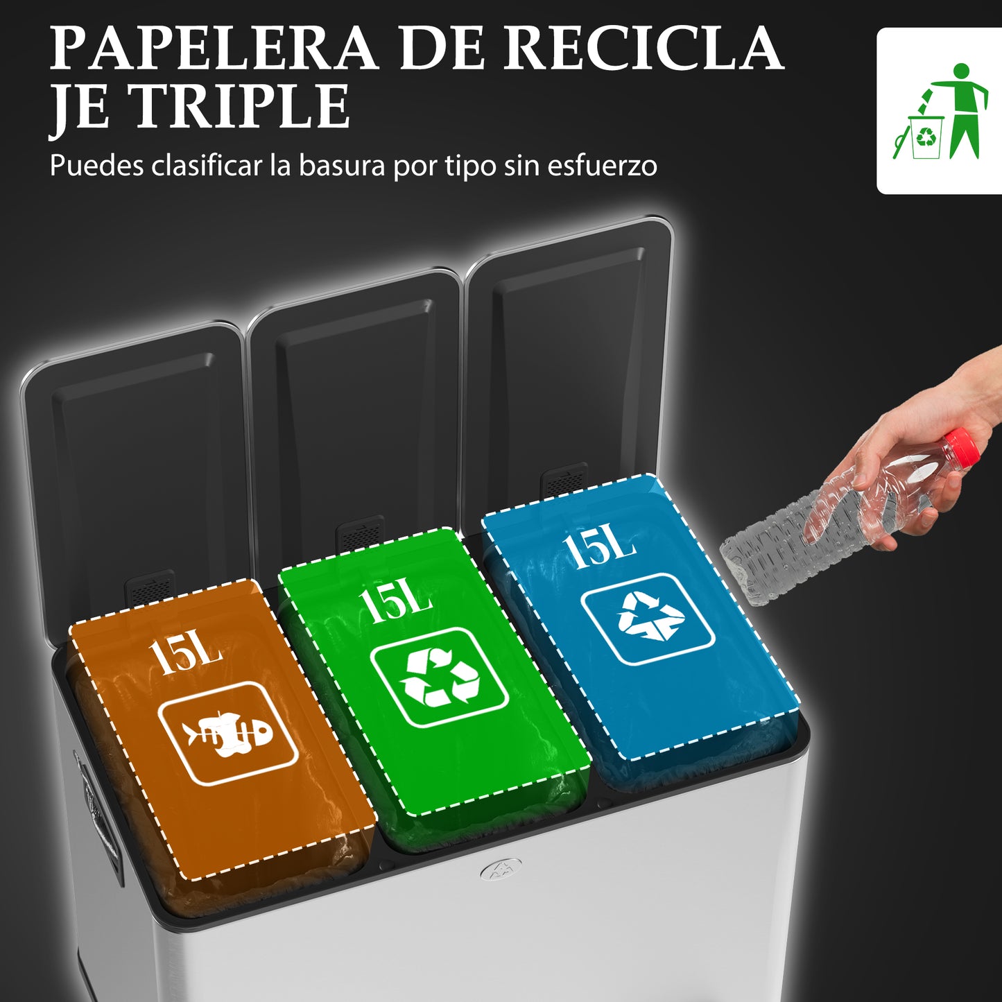 HOMCOM Cubo de Basura de Cocina con 3 Compartimentos 3x15L Papelera de Cocina de Acero Inoxidable con Pedales Tapas de Cierre Suave y Cubo Extraíble para Reciclaje Residuos Restos de Comida Plata