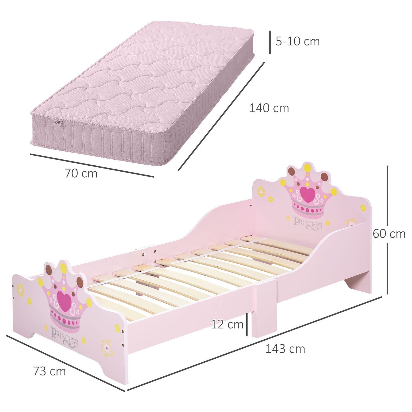 HOMCOM Cama para Niños de +3 Años 143x73x60 cm Cama Infantil de Madera con Estampado de Corona Carga 50 kg para Dormitorio Rosa