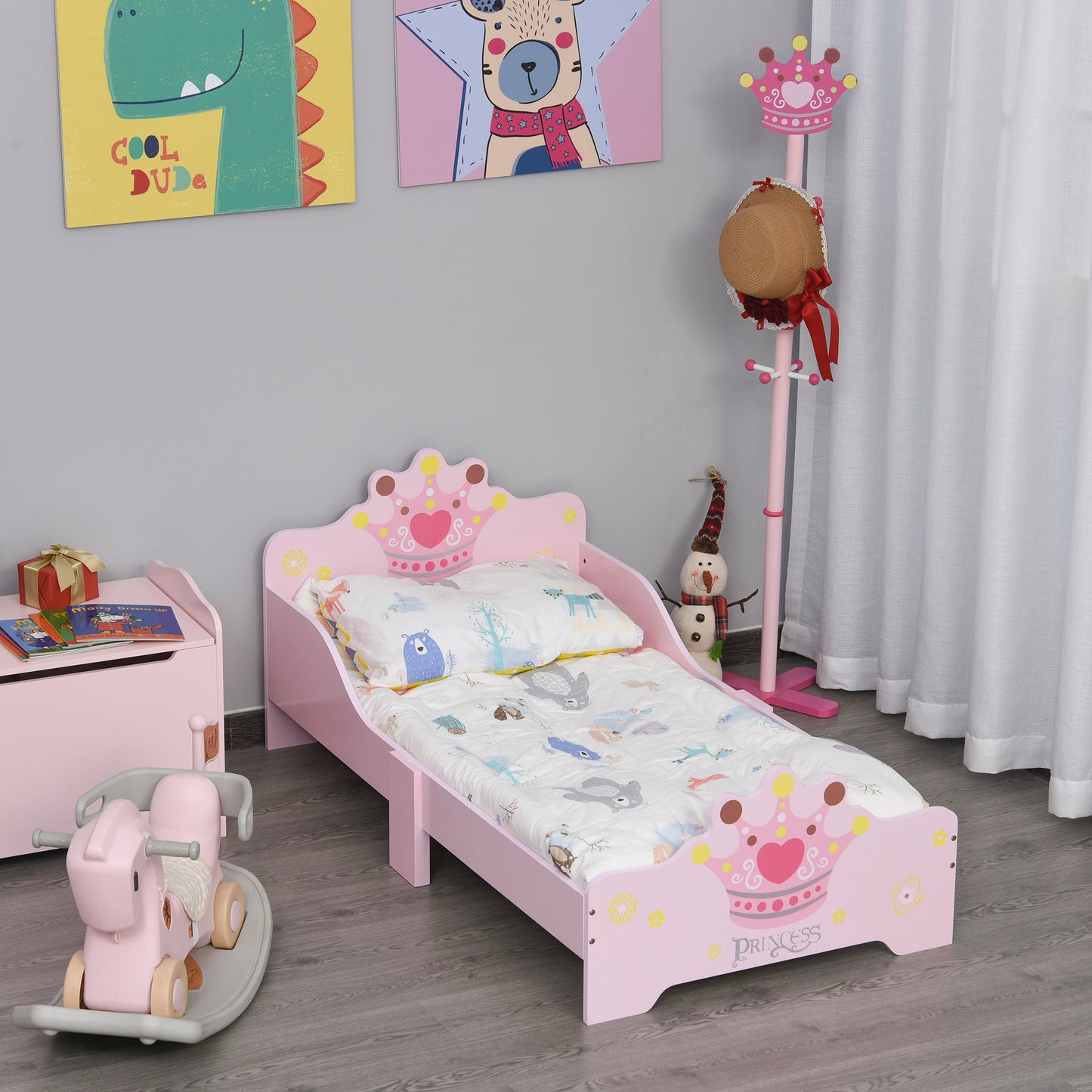 HOMCOM Cama para Niños de +3 Años 143x73x60 cm Cama Infantil de Madera con Estampado de Corona Carga 50 kg para Dormitorio Rosa