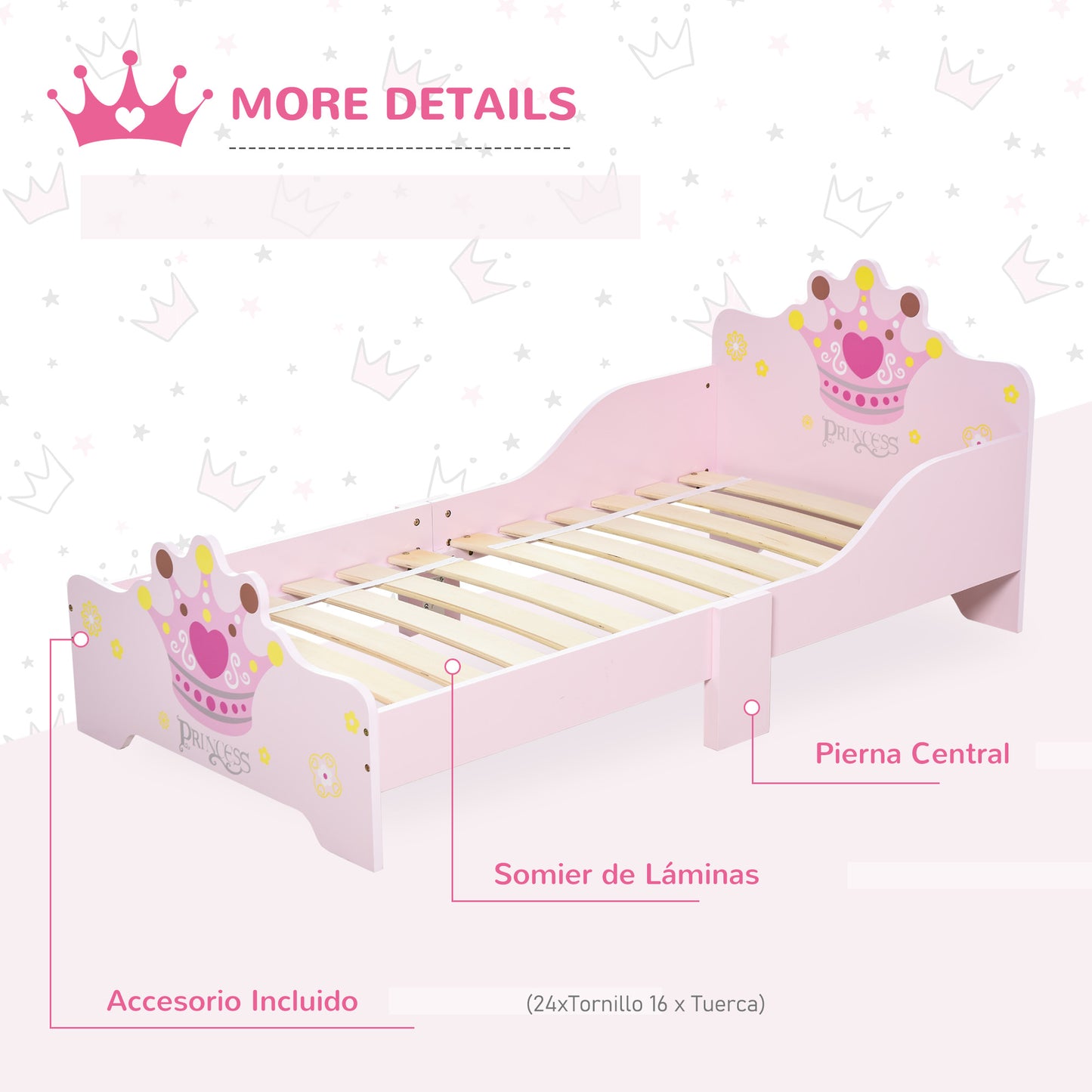 HOMCOM Cama para Niños de +3 Años 143x73x60 cm Cama Infantil de Madera con Estampado de Corona Carga 50 kg para Dormitorio Rosa