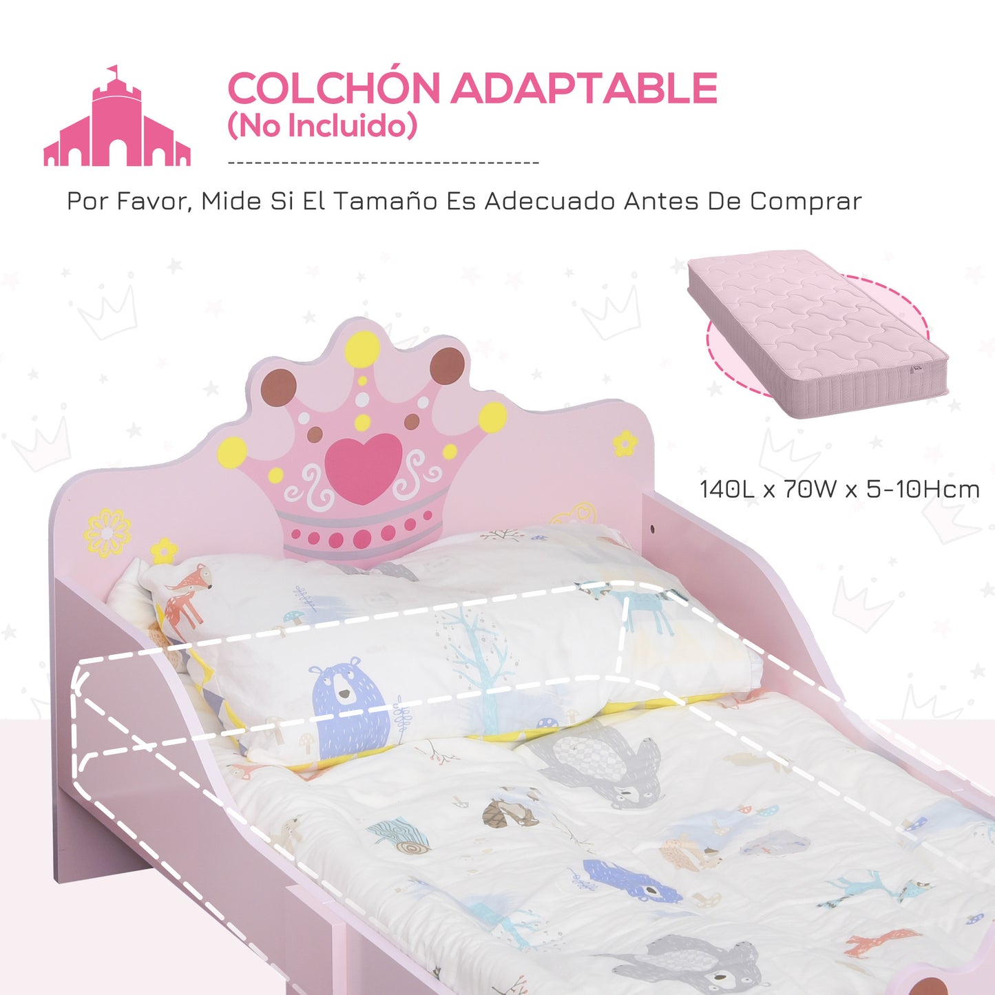 HOMCOM Cama para Niños de +3 Años 143x73x60 cm Cama Infantil de Madera con Estampado de Corona Carga 50 kg para Dormitorio Rosa