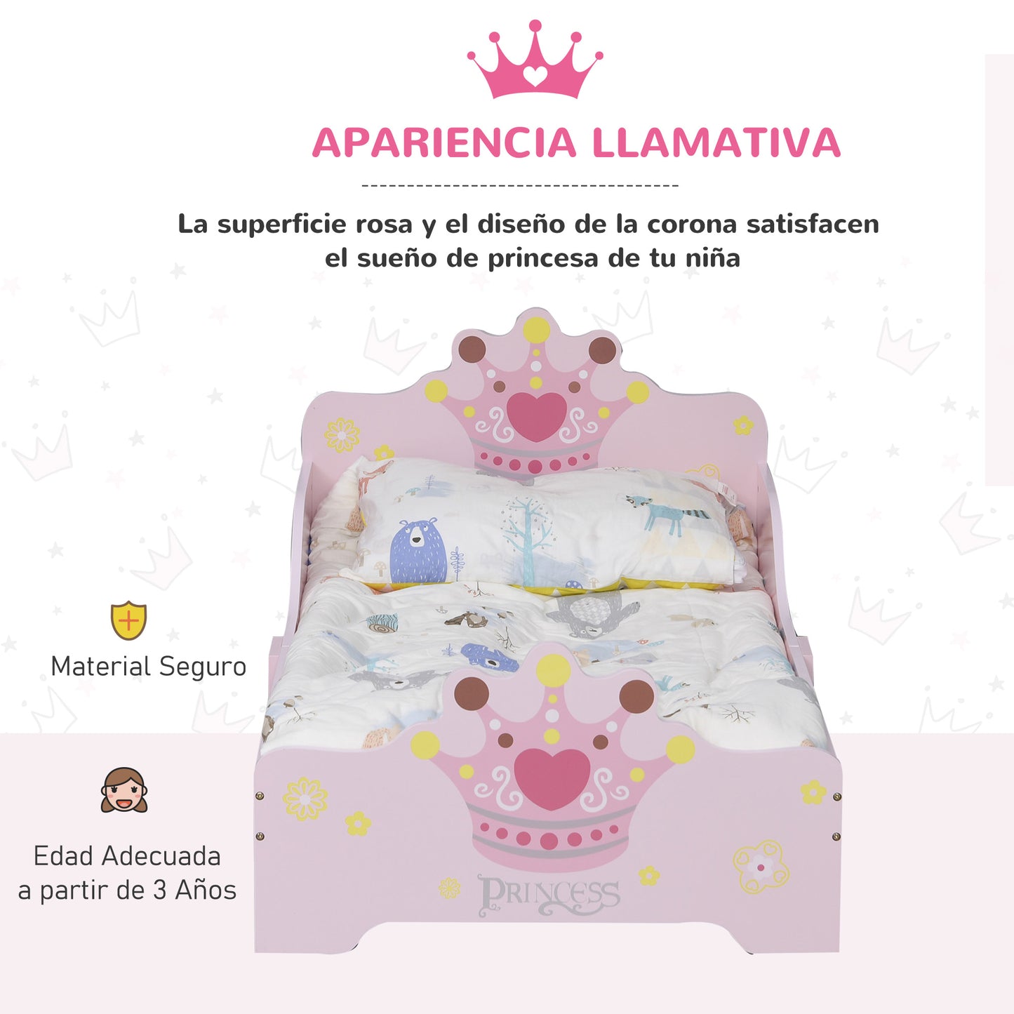 HOMCOM Cama para Niños de +3 Años 143x73x60 cm Cama Infantil de Madera con Estampado de Corona Carga 50 kg para Dormitorio Rosa