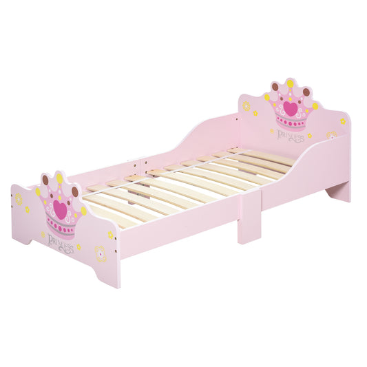 HOMCOM Cama para Niños de +3 Años 143x73x60 cm Cama Infantil de Madera con Estampado de Corona Carga 50 kg para Dormitorio Rosa