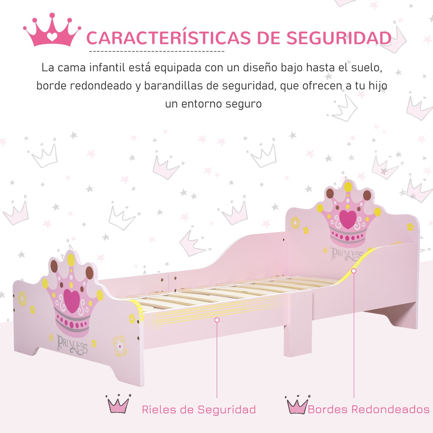 HOMCOM Cama para Niños de +3 Años 143x73x60 cm Cama Infantil de Madera con Estampado de Corona Carga 50 kg para Dormitorio Rosa