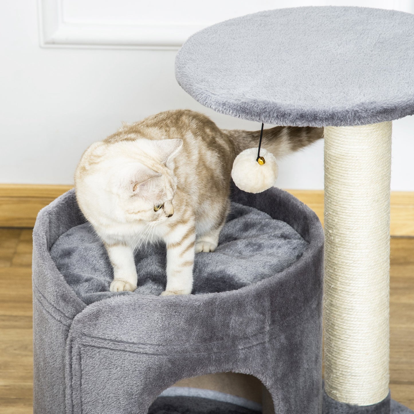 PawHut Árbol Rascador para Gatos Pequeño Altura 59 cm con Cueva de Felpa Suave con Cojín Lavable Plataforma Poste de Sisal Natural y Bola de Juguete 55x36x59 cm Gris