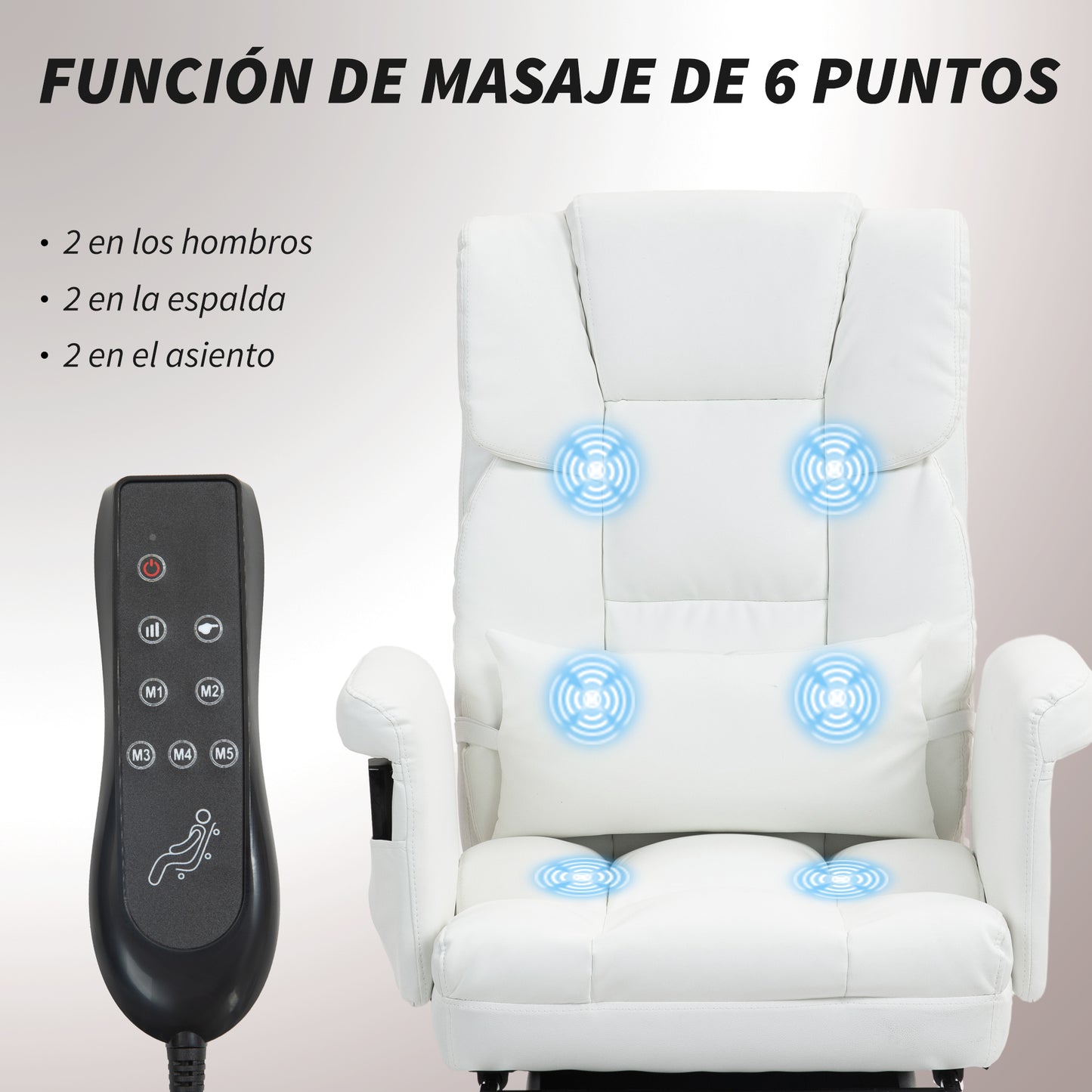 HOMCOM Silla de Oficina con 6 Puntos de Masaje Silla de Masaje Giratoria Silla de Escritorio con Reposapiés Retráctil Altura Ajustable Control Remoto y Soporte Lumbar Tejido de PU Blanco