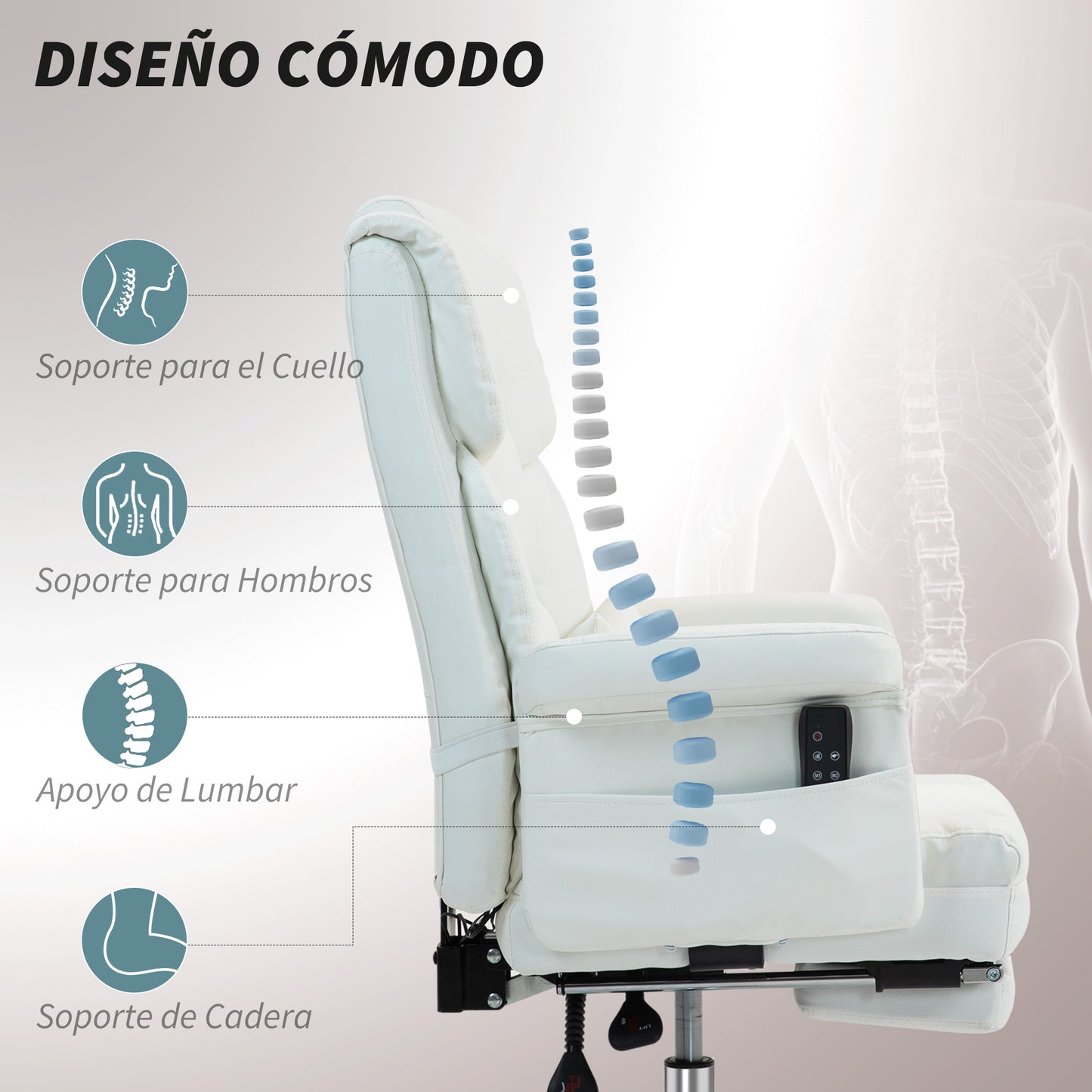 HOMCOM Silla de Oficina con 6 Puntos de Masaje Silla de Masaje Giratoria Silla de Escritorio con Reposapiés Retráctil Altura Ajustable Control Remoto y Soporte Lumbar Tejido de PU Blanco