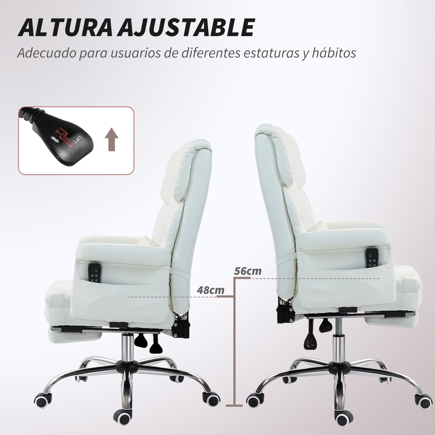 HOMCOM Silla de Oficina con 6 Puntos de Masaje Silla de Masaje Giratoria Silla de Escritorio con Reposapiés Retráctil Altura Ajustable Control Remoto y Soporte Lumbar Tejido de PU Blanco