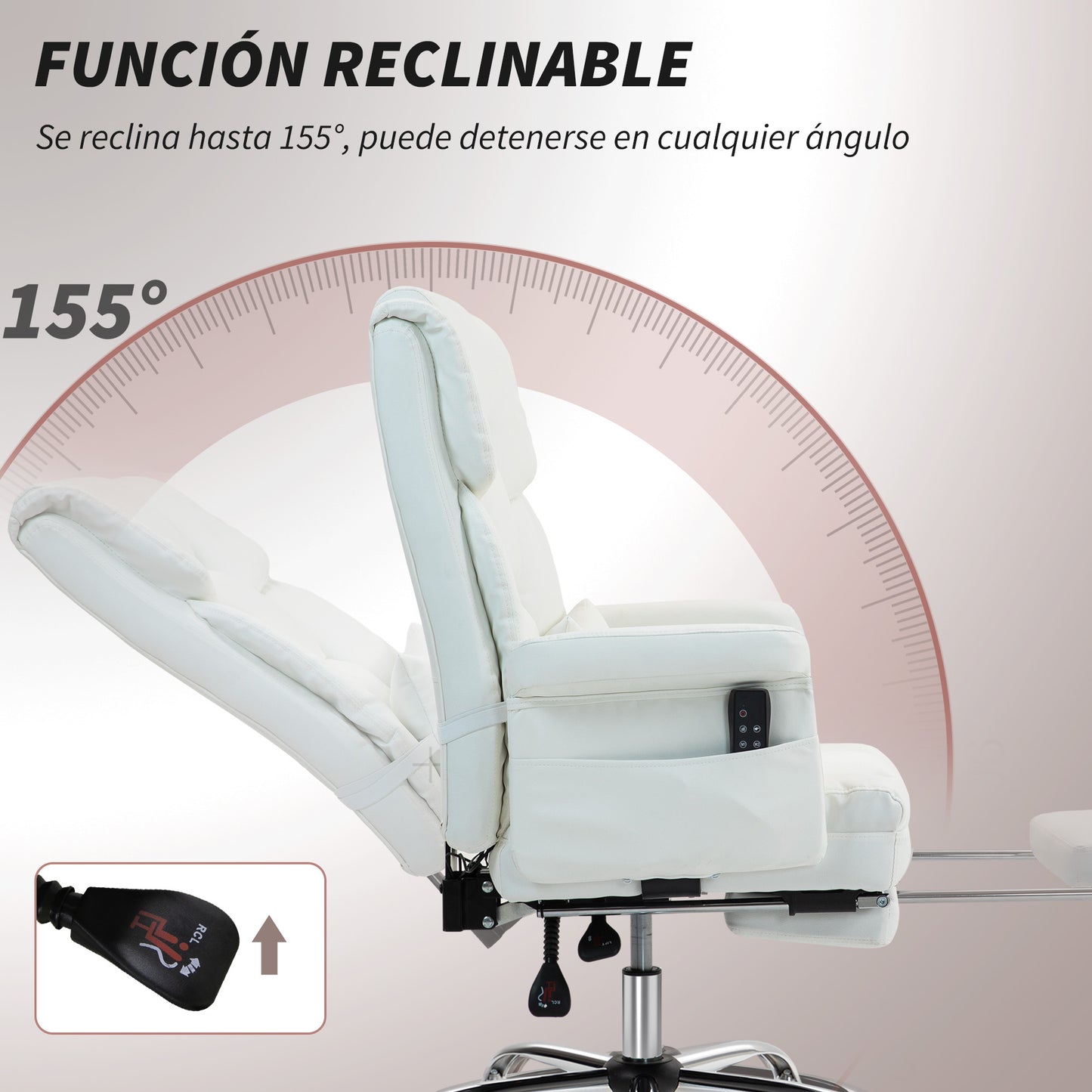 HOMCOM Silla de Oficina con 6 Puntos de Masaje Silla de Masaje Giratoria Silla de Escritorio con Reposapiés Retráctil Altura Ajustable Control Remoto y Soporte Lumbar Tejido de PU Blanco