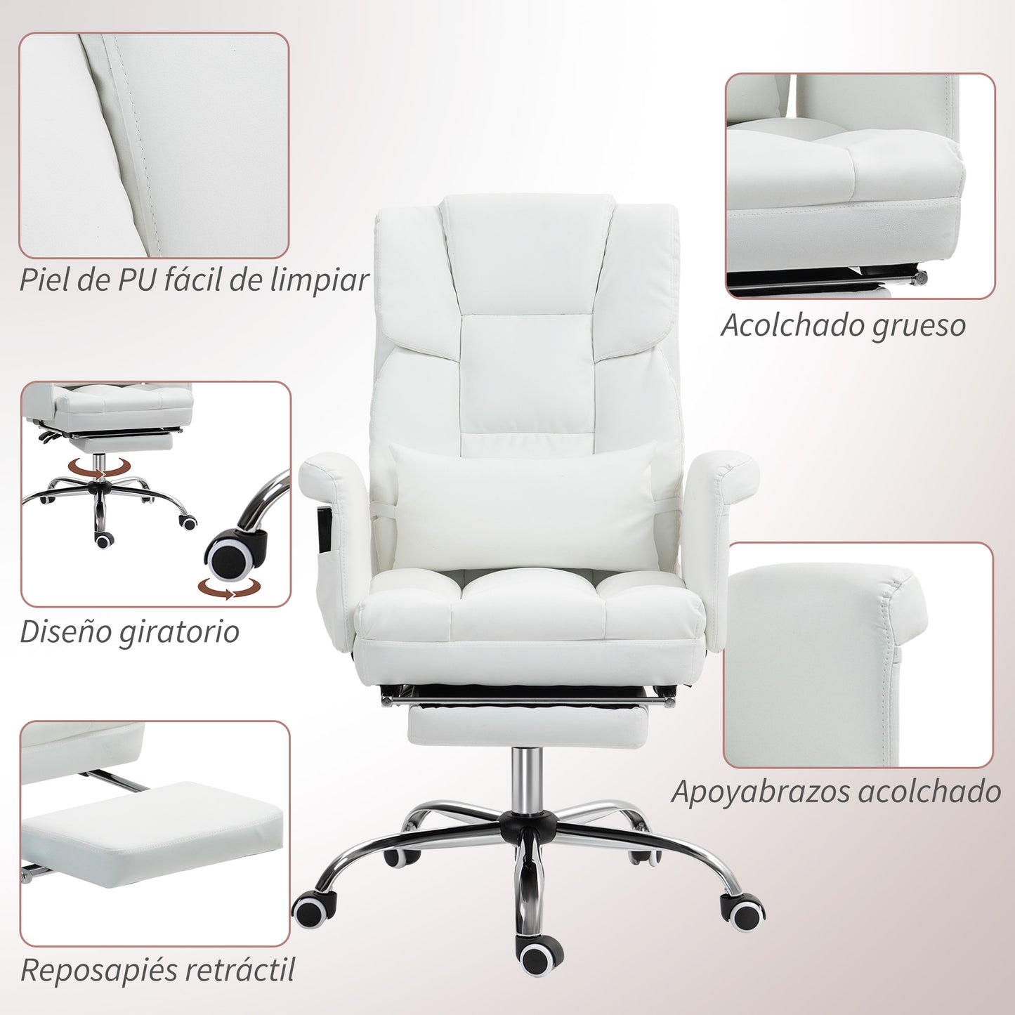 HOMCOM Silla de Oficina con 6 Puntos de Masaje Silla de Masaje Giratoria Silla de Escritorio con Reposapiés Retráctil Altura Ajustable Control Remoto y Soporte Lumbar Tejido de PU Blanco