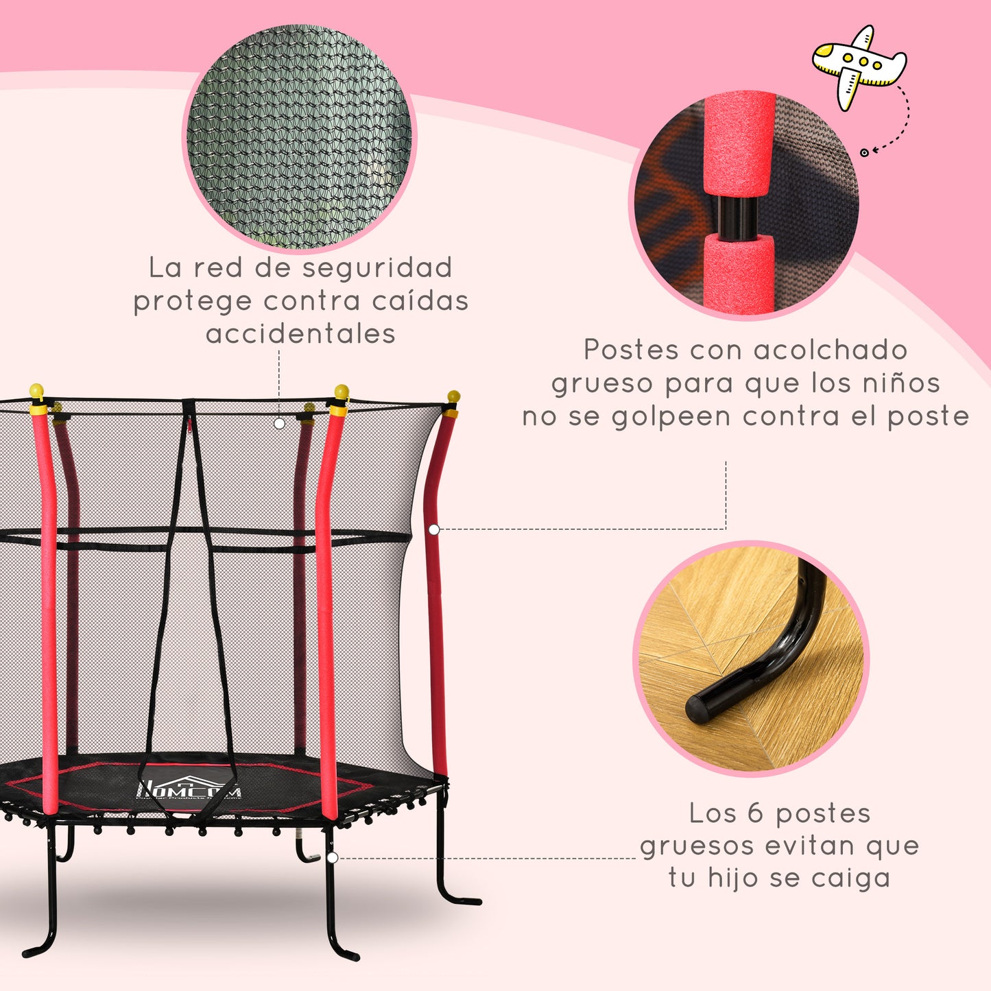 HOMCOM Cama Elástica Infantil de Jardín Ø160x163,5 cm Trampolín para Niños de +3 Años con Red de Seguridad Acero para Interior Exterior Carga 50 kg Negro y Rojo