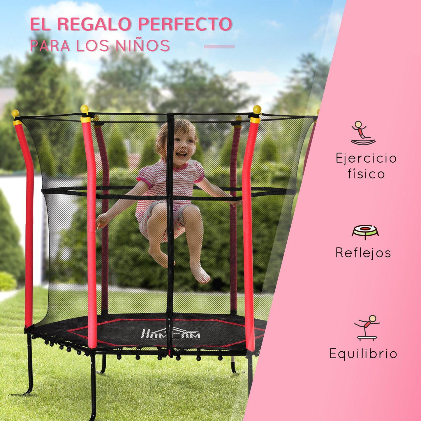 HOMCOM Cama Elástica Infantil de Jardín Ø160x163,5 cm Trampolín para Niños de +3 Años con Red de Seguridad Acero para Interior Exterior Carga 50 kg Negro y Rojo