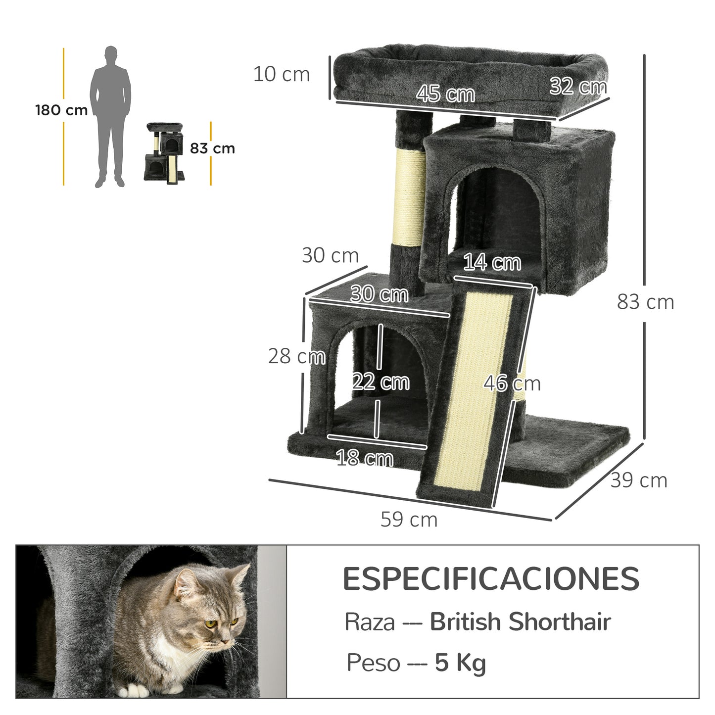 PawHut Árbol Múltiples Actividades para Gatos Centro de Juegos para Mascotas con Postes y Tablero Rascador Cuevas Cama con Borde Elevado Tacto Suave 59x39x83 cm Gris Oscuro