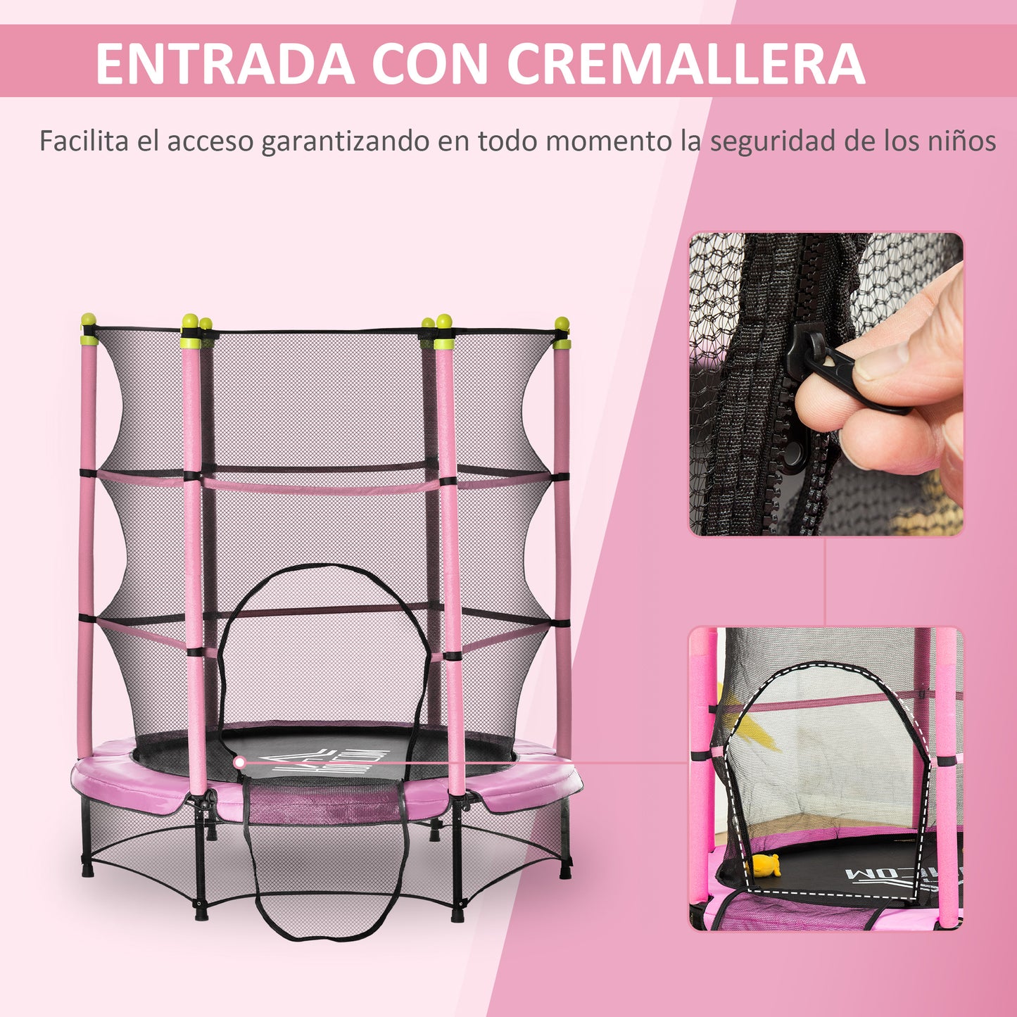 HOMCOM Trampolín para Niños de +3 Años Ø140x160 cm Cama Elástica de Salto Infantil con Red de Seguridad y Marco Acero para Interiores y Exteriores Carga 45 kg Rosa