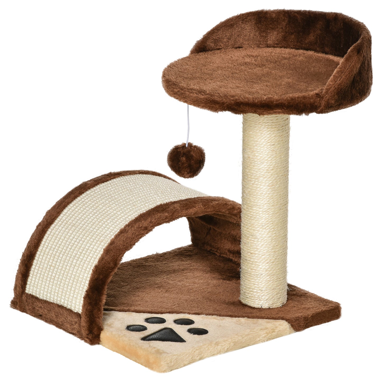 PawHut Árbol Rascador para Gatos Pequeños Altura 46 cm de 2 Niveles Árbol para Gatos con Poste Tablero para Rascar Plataformas y Juguete de Bola Colgante 35,5x37x46 cm Marrón