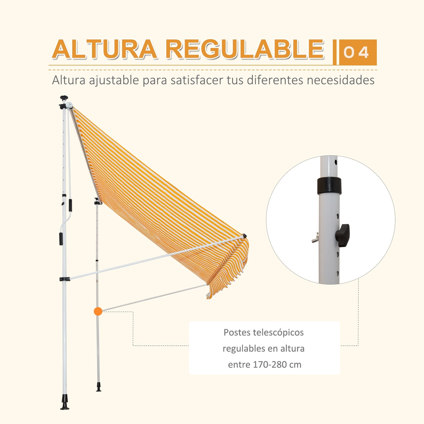 Outsunny Toldo Manual Retráctil 300x150x170-280 cm Toldo para Balcón con Altura Ajustable Manivela y Protección Solar para Terraza Jardín Naranja