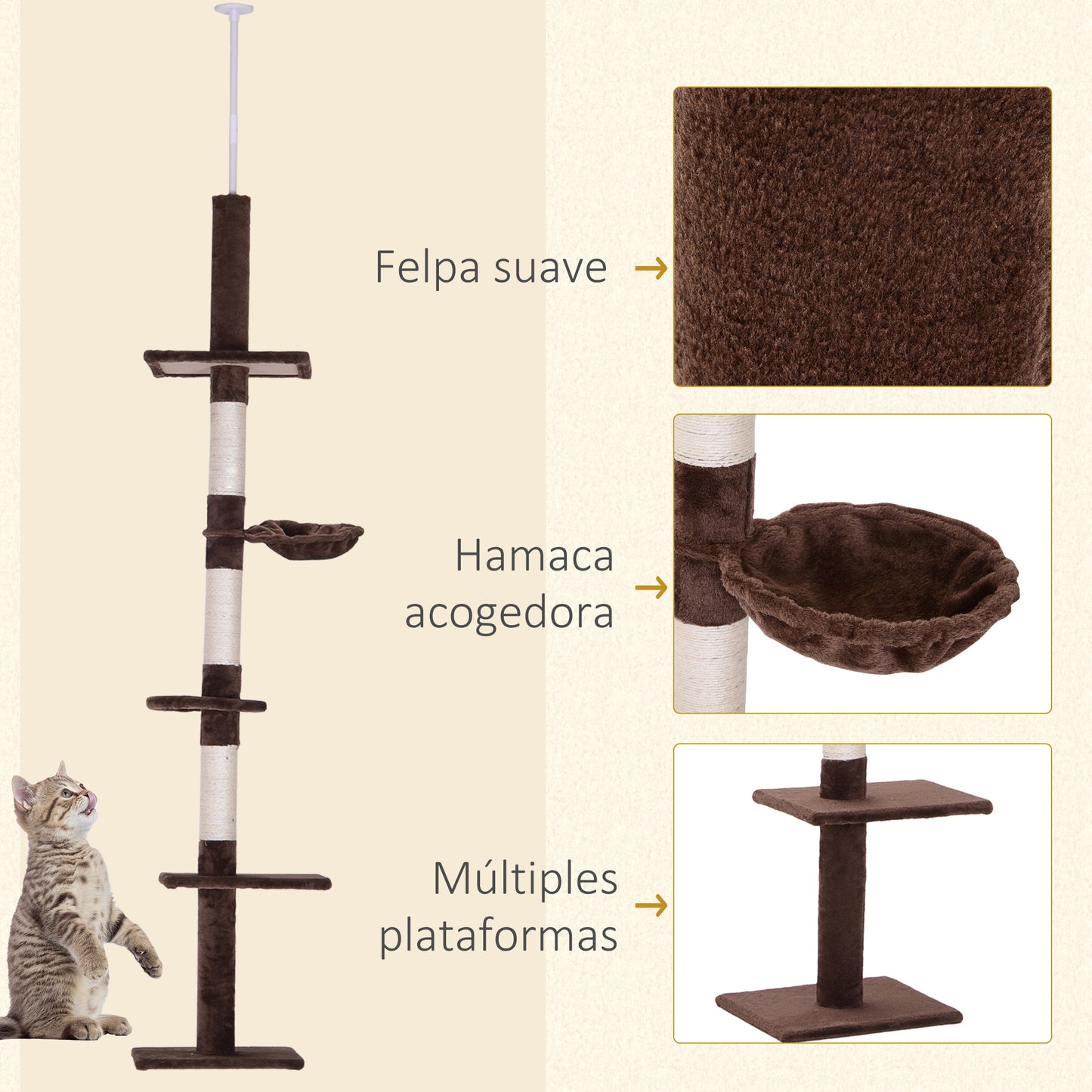 PawHut Árbol para Gatos de Suelo a Techo de 230-260 cm Torre para Gatos con Altura Ajustable Plataformas Hamaca y Postes de Sisal Marrón