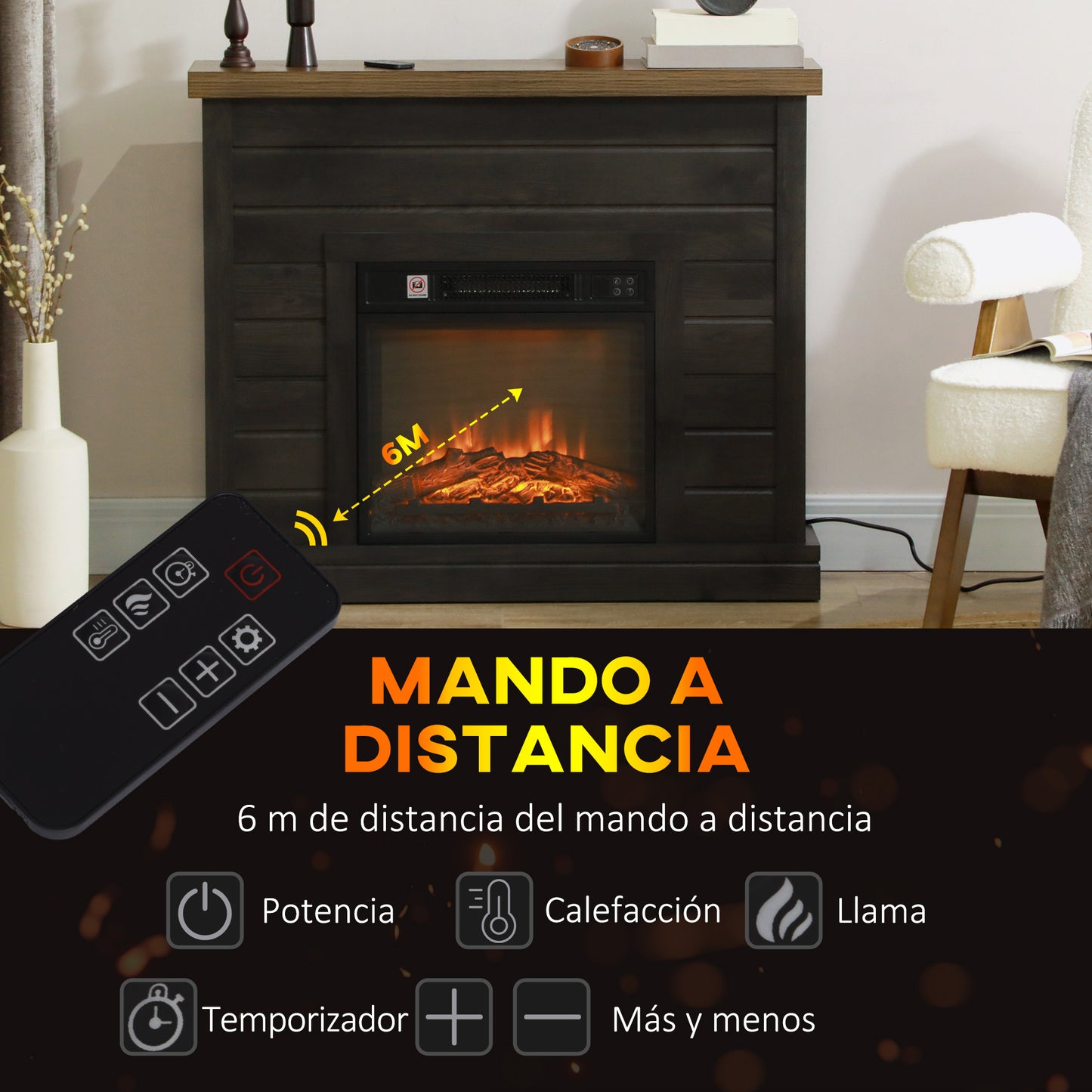 HOMCOM Chimenea Eléctrica 1800W Chimenea Decorativa con Efecto de Llama Mando a Distancia Temporizador Semanal Protección Contra Sobrecalentamiento para Sala 30 m² Gris Oscuro