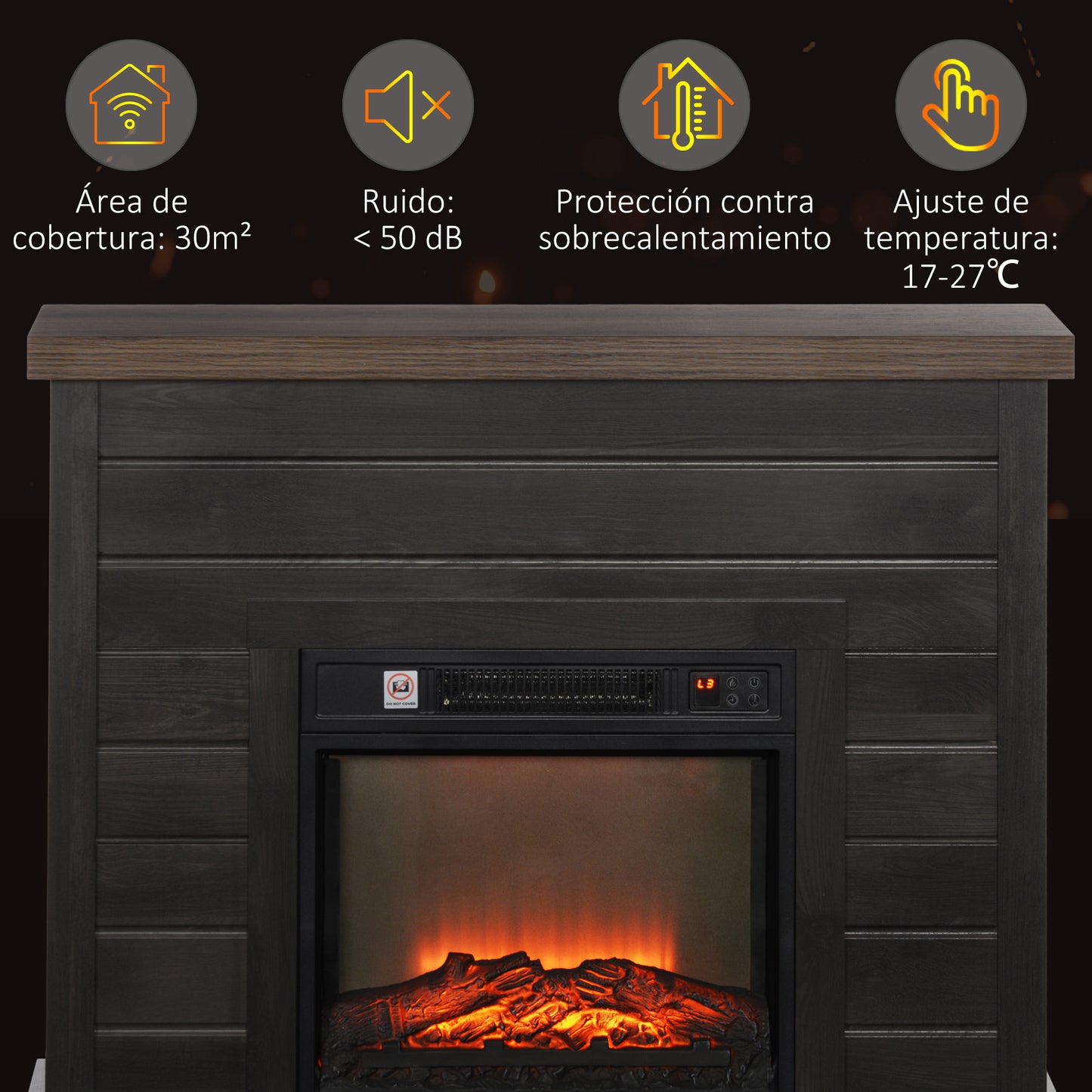 HOMCOM Chimenea Eléctrica 1800W Chimenea Decorativa con Efecto de Llama Mando a Distancia Temporizador Semanal Protección Contra Sobrecalentamiento para Sala 30 m² Gris Oscuro