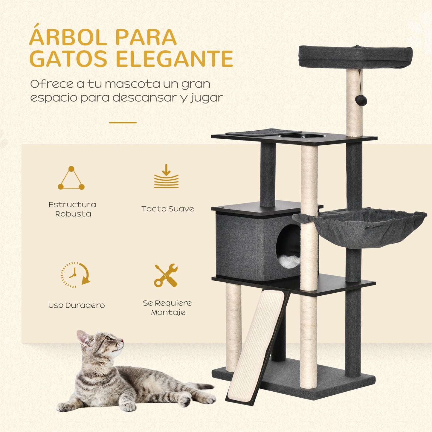 PawHut Árbol para Gatos Grande Altura 146 cm con Plataformas Cueva de Fieltro Extraíble Postes Rascadores de Sisal Hamaca Cojines Lavables Rampa y Bola de Juguete 60x40x146 cm Gris