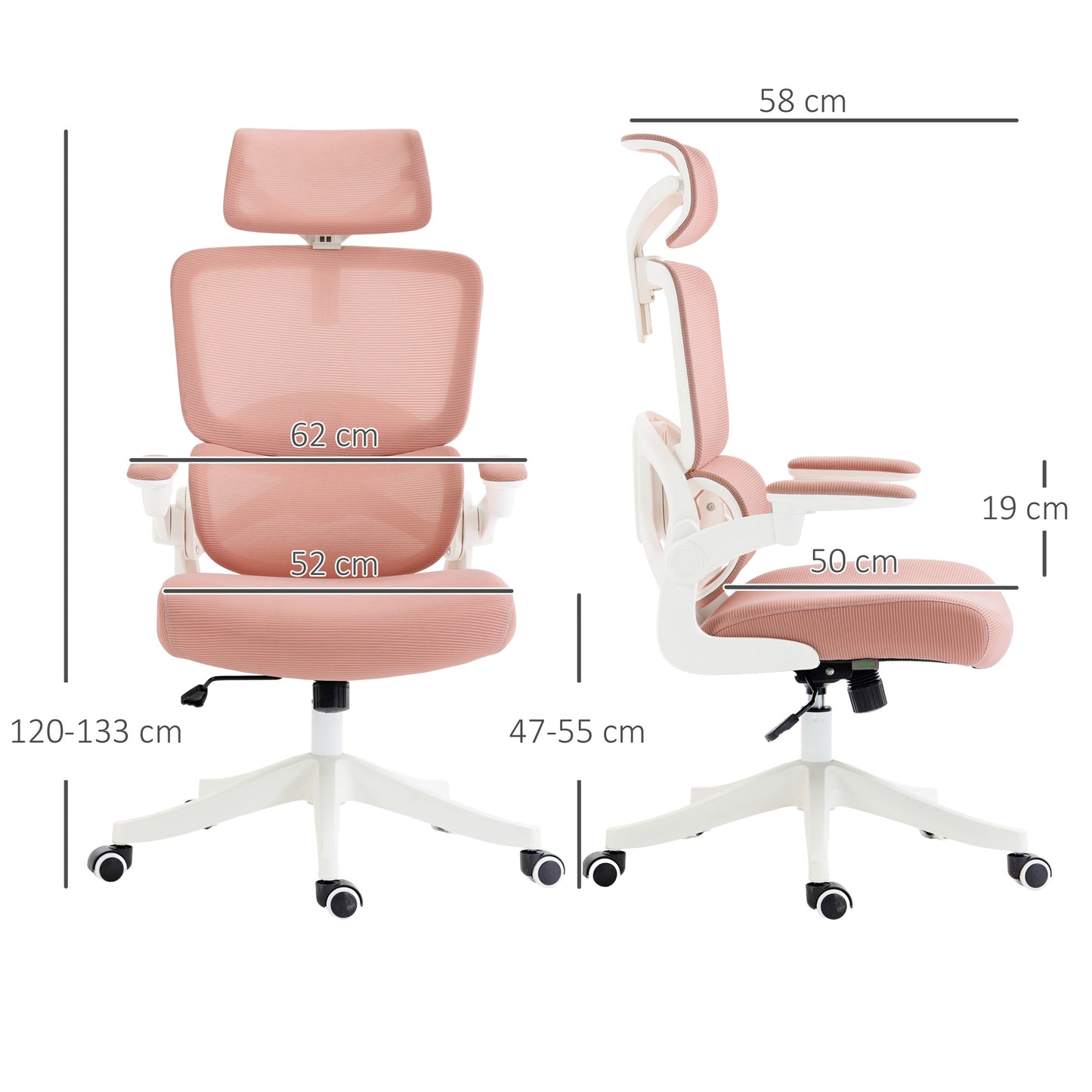 Vinsetto Silla de Oficina de Malla Giratoria Silla de Escritorio Basculante con Respaldo Alto Reposacabezas Reposabrazos y Soporte Lumbar 62x58x120-133 cm Rosa