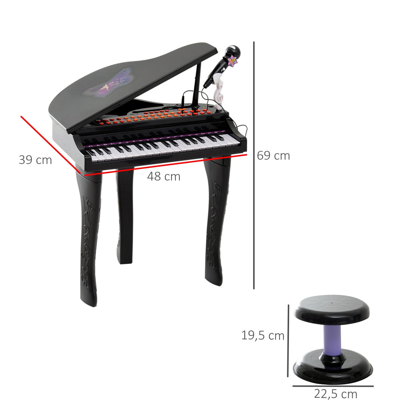 HOMCOM Piano Infantil 37 Teclas Teclado Electrónico Juego de Piano con Micrófono Taburete Luces y 22 Canciones USB/MP3 Karaoke Modo de Enseñanza Negro