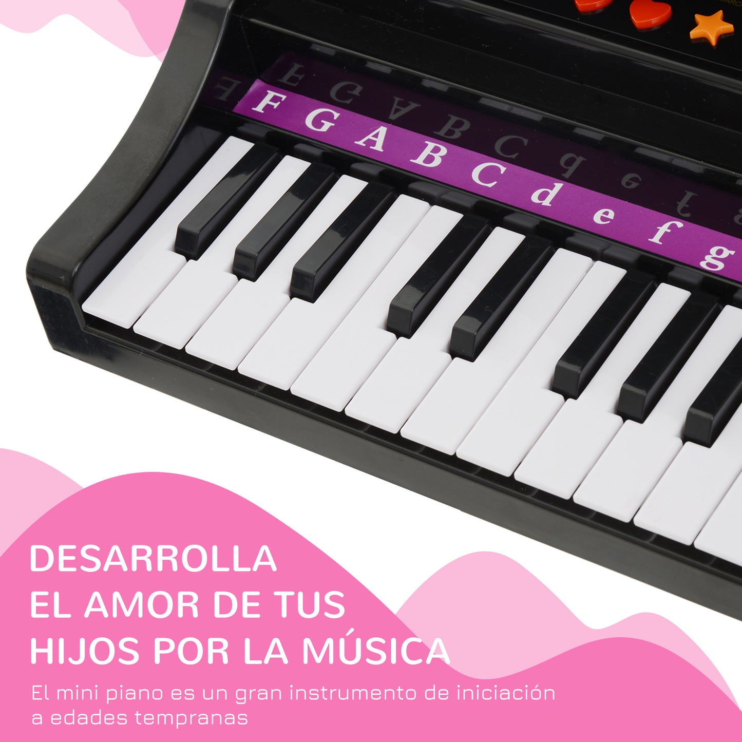 HOMCOM Piano Infantil 37 Teclas Teclado Electrónico Juego de Piano con Micrófono Taburete Luces y 22 Canciones USB/MP3 Karaoke Modo de Enseñanza Negro