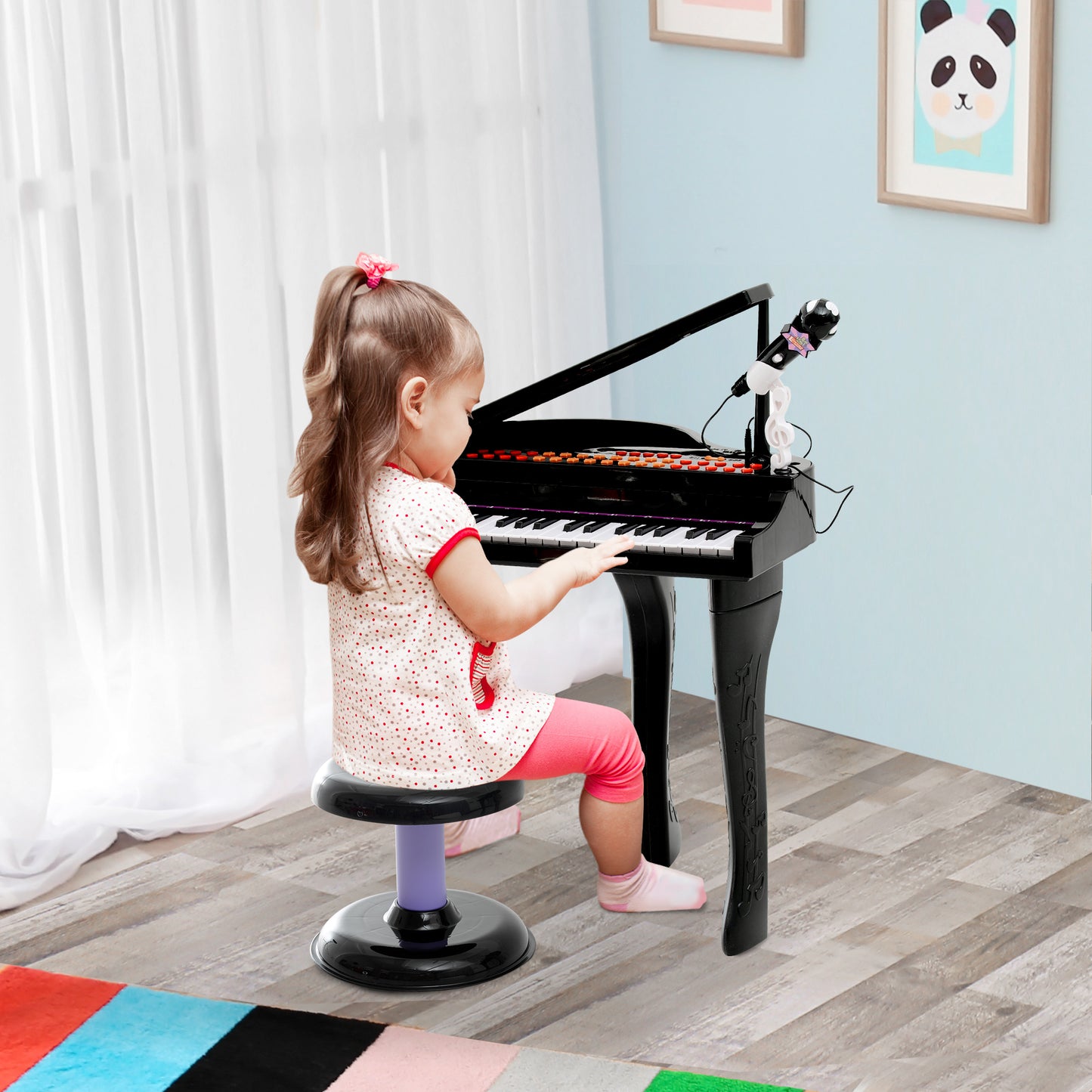 HOMCOM Piano Infantil 37 Teclas Teclado Electrónico Juego de Piano con Micrófono Taburete Luces y 22 Canciones USB/MP3 Karaoke Modo de Enseñanza Negro