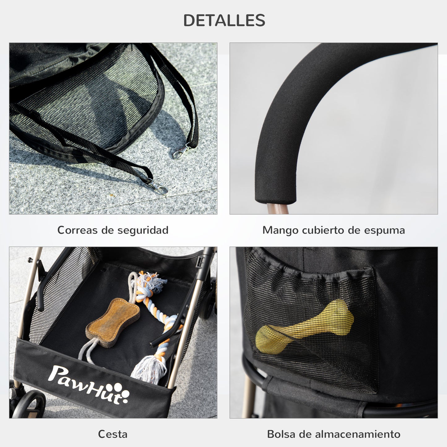 PawHut Carrito para Perros Plegable 3 en 1 Cochecito para Mascotas Carrito para Perros Pequeños con Vagón Desmontable Cesta de Almacenaje Correas de Seguridad y Cojín Negro