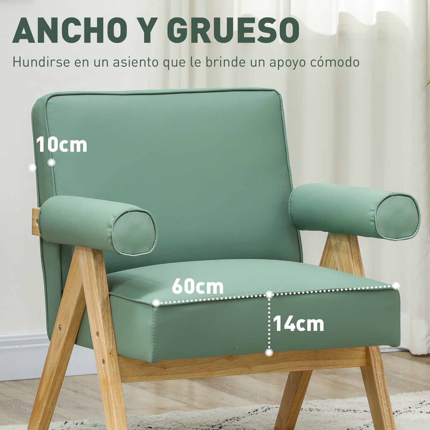 HOMCOM Butaca de Salón Butaca Nórdica Sillón de Salón Tapizado en PU con Reposabrazos y Marco de Madera de Caucho para Dormitorio Carga 120 kg Verde