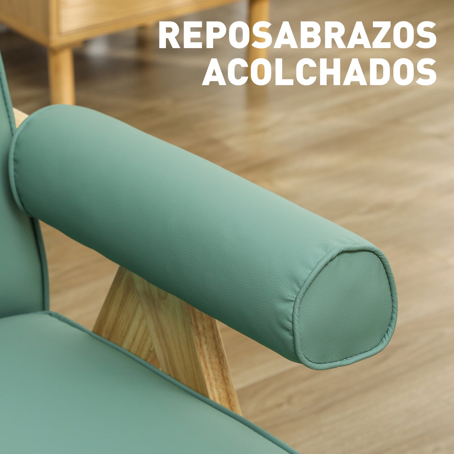 HOMCOM Butaca de Salón Butaca Nórdica Sillón de Salón Tapizado en PU con Reposabrazos y Marco de Madera de Caucho para Dormitorio Carga 120 kg Verde