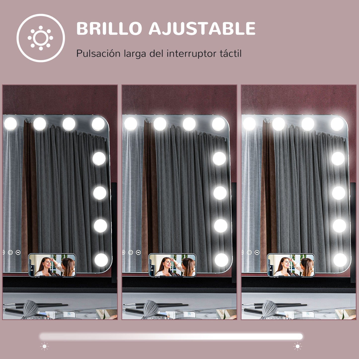 HOMCOM Hollywood Espejo de Maquillaje con Luz Espejo de Tocador Giratorio 58x46 cm con Bombillas LED Modos de Iluminación Ajustables Interruptor Táctil Soporte para Teléfono y Puerto USB Negro