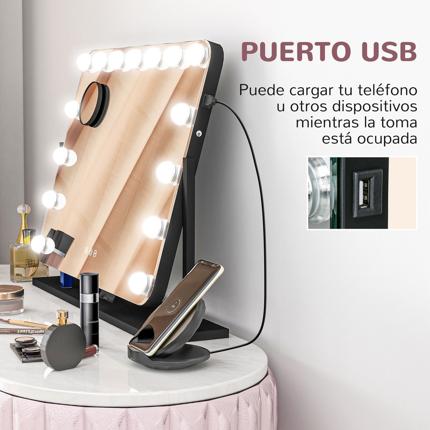 HOMCOM Hollywood Espejo de Maquillaje con Luz Espejo de Tocador Giratorio 58x46 cm con Bombillas LED Modos de Iluminación Ajustables Interruptor Táctil Soporte para Teléfono y Puerto USB Negro