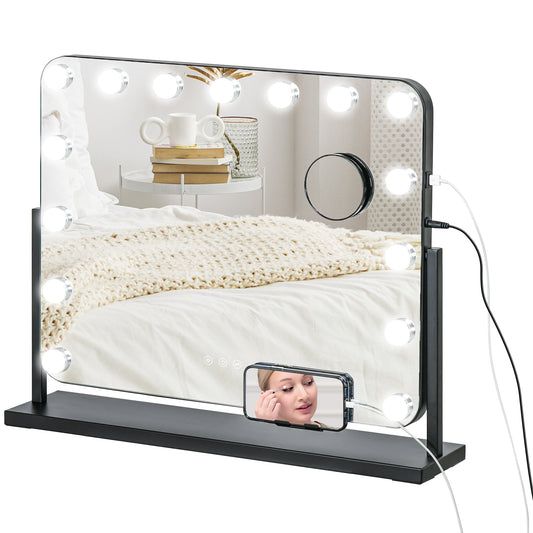 HOMCOM Hollywood Espejo de Maquillaje con Luz Espejo de Tocador Giratorio 58x46 cm con Bombillas LED Modos de Iluminación Ajustables Interruptor Táctil Soporte para Teléfono y Puerto USB Negro