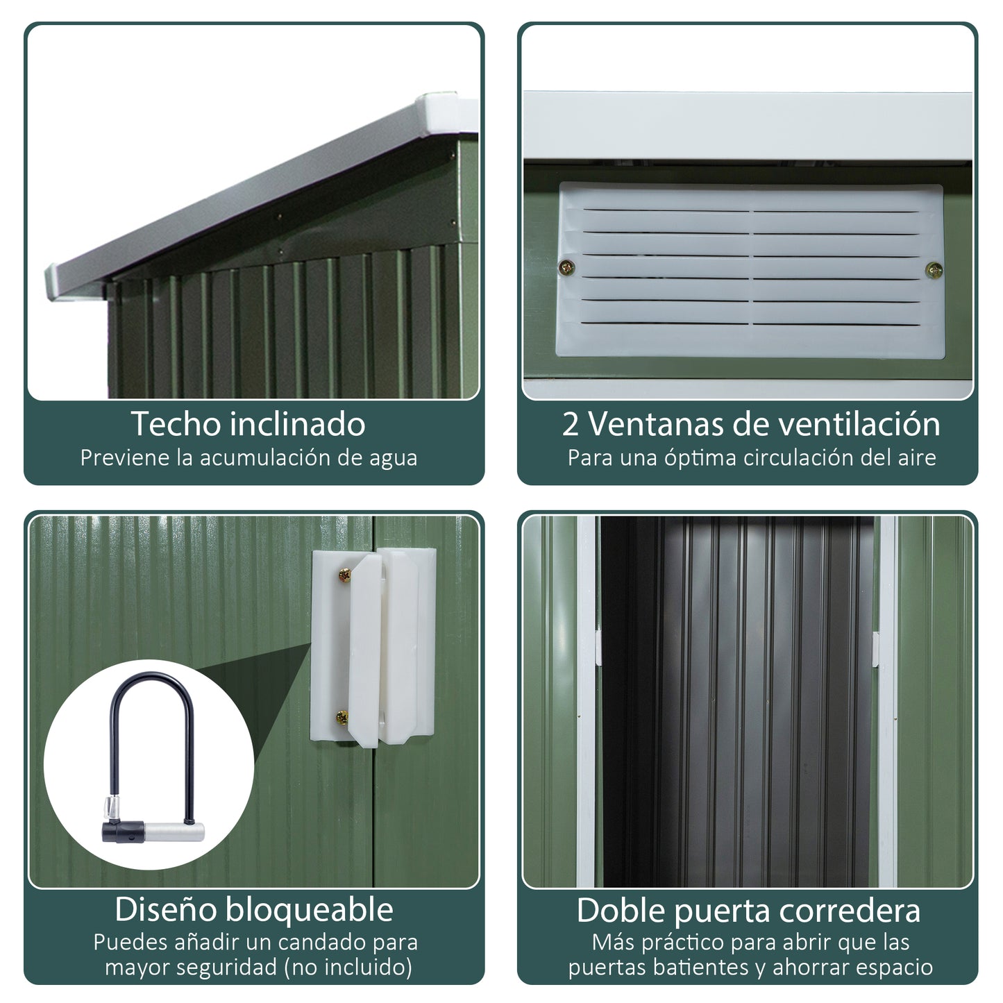 Outsunny Cobertizo de Jardín 213x130x172 cm Base de 2,42 m² Caseta de Exterior Metálica para Almacenamiento de Herramientas con 2 Puertas Correderas y 2 Ventanas Verde