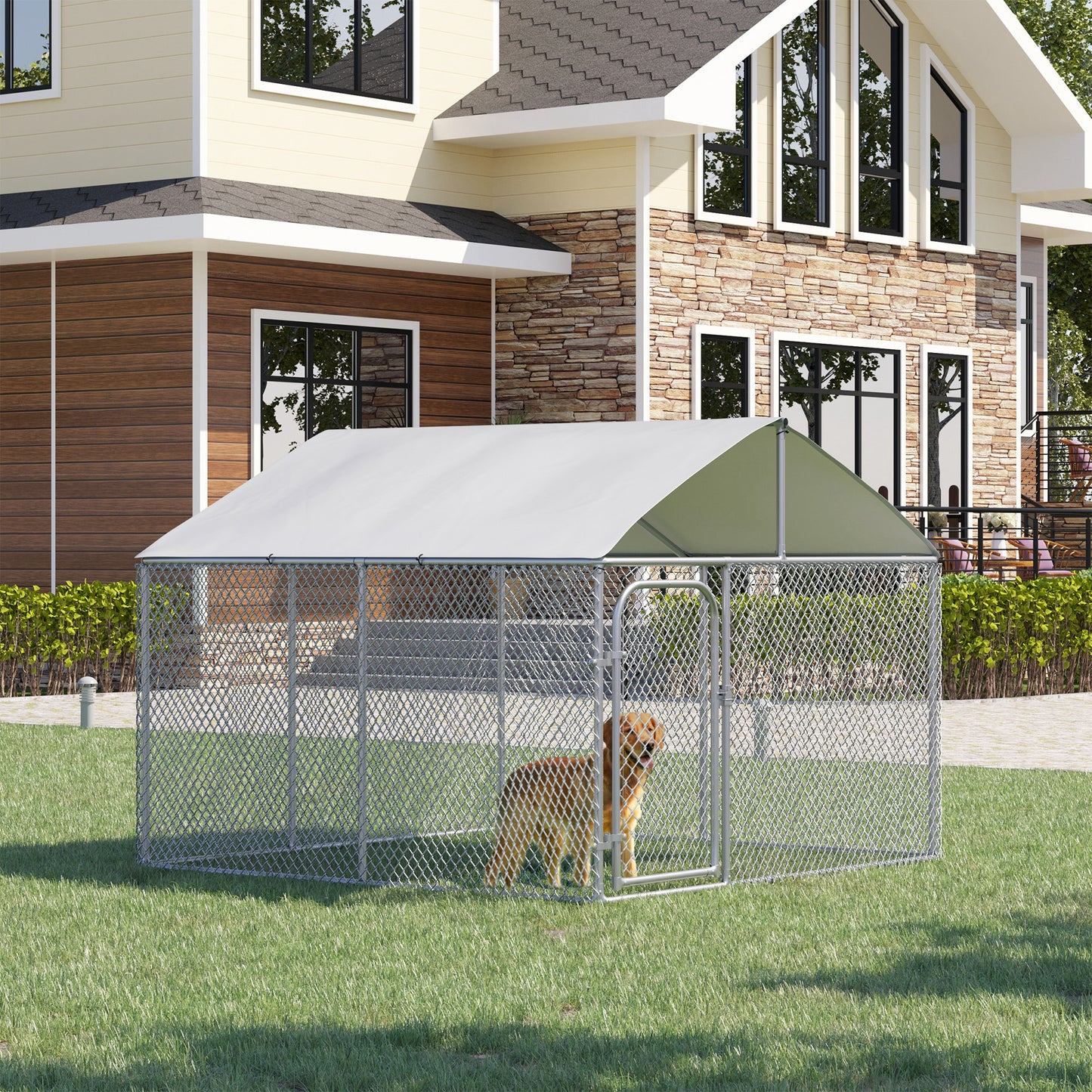 PawHut Perrera de Exterior con Toldo Jaula para Perros con 1 Puerta Anti-UV Impermeable y Marco de Acero para Jardín Patio 230x230x175 cm Plata