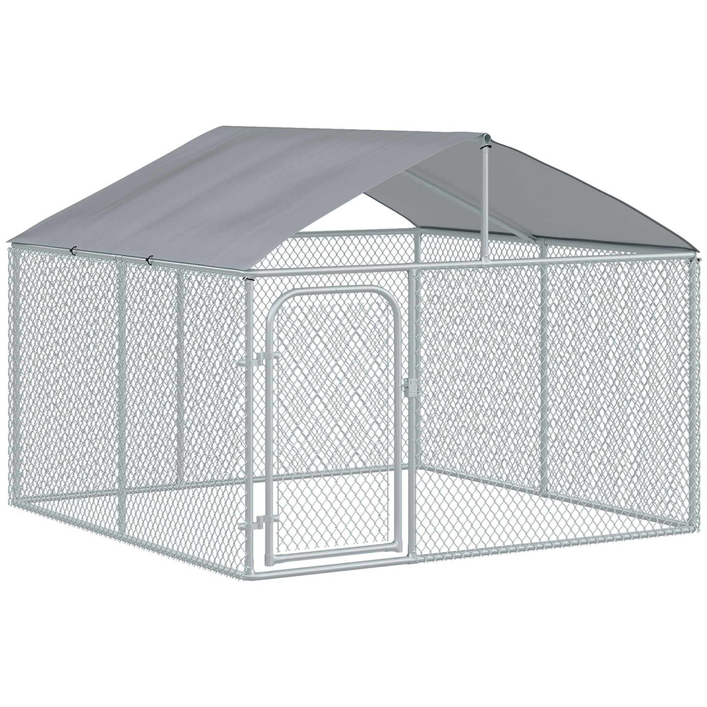 PawHut Perrera de Exterior con Toldo Jaula para Perros con 1 Puerta Anti-UV Impermeable y Marco de Acero para Jardín Patio 230x230x175 cm Plata