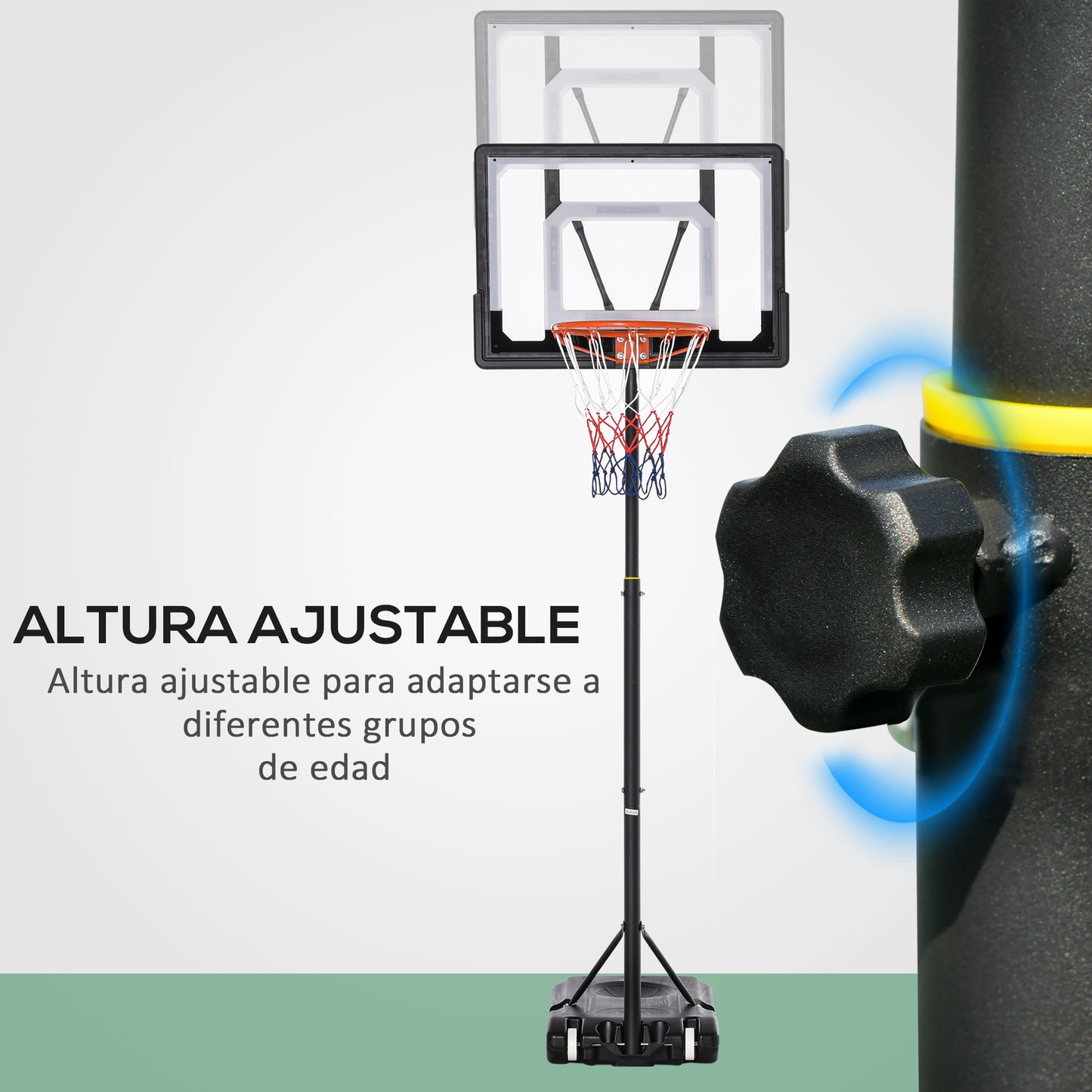 HOMCOM Canasta de Baloncesto para Exterior con Altura Ajustable 206-260 cm Aro de Baloncesto con Ruedas y Base Rellenable para Adolescentes y Adultos Negro