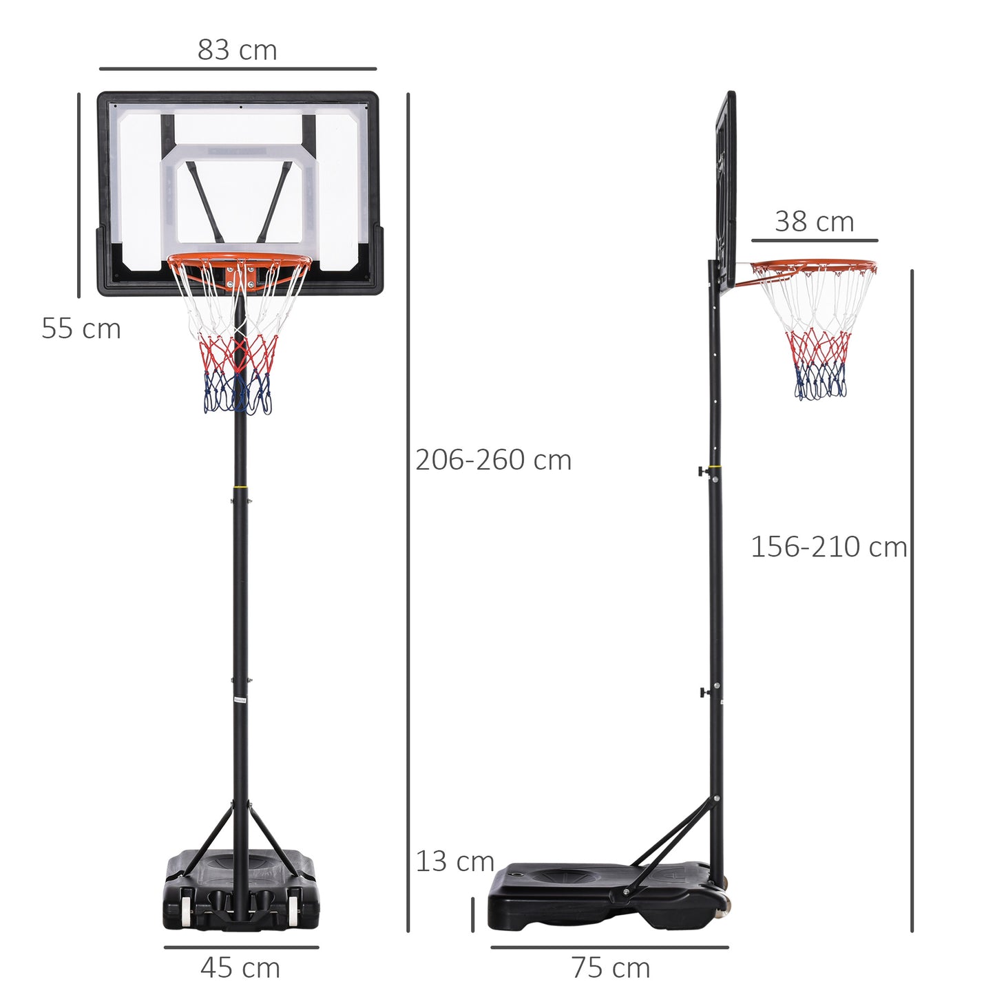 HOMCOM Canasta de Baloncesto para Exterior con Altura Ajustable 206-260 cm Aro de Baloncesto con Ruedas y Base Rellenable para Adolescentes y Adultos Negro