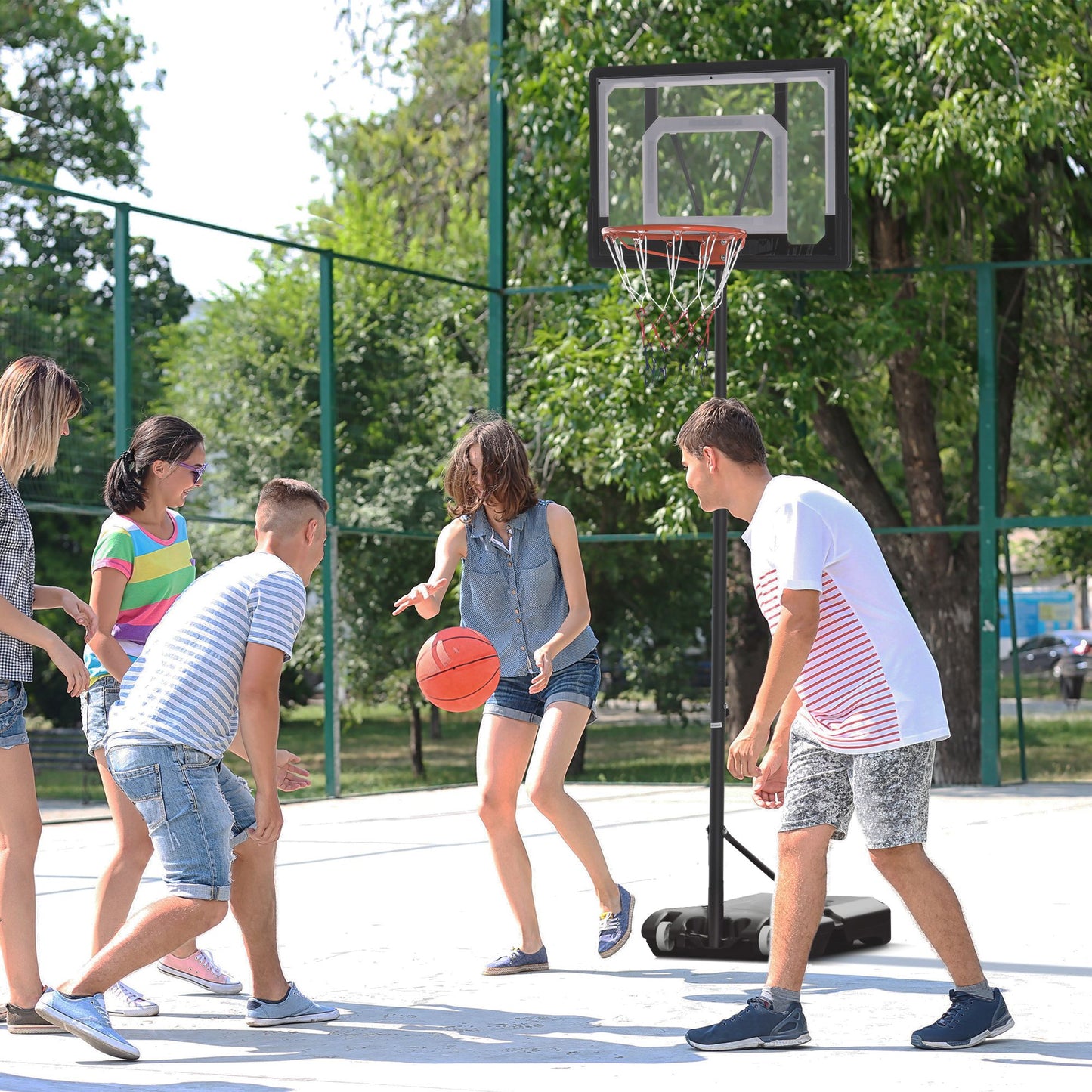 HOMCOM Canasta de Baloncesto para Exterior con Altura Ajustable 206-260 cm Aro de Baloncesto con Ruedas y Base Rellenable para Adolescentes y Adultos Negro